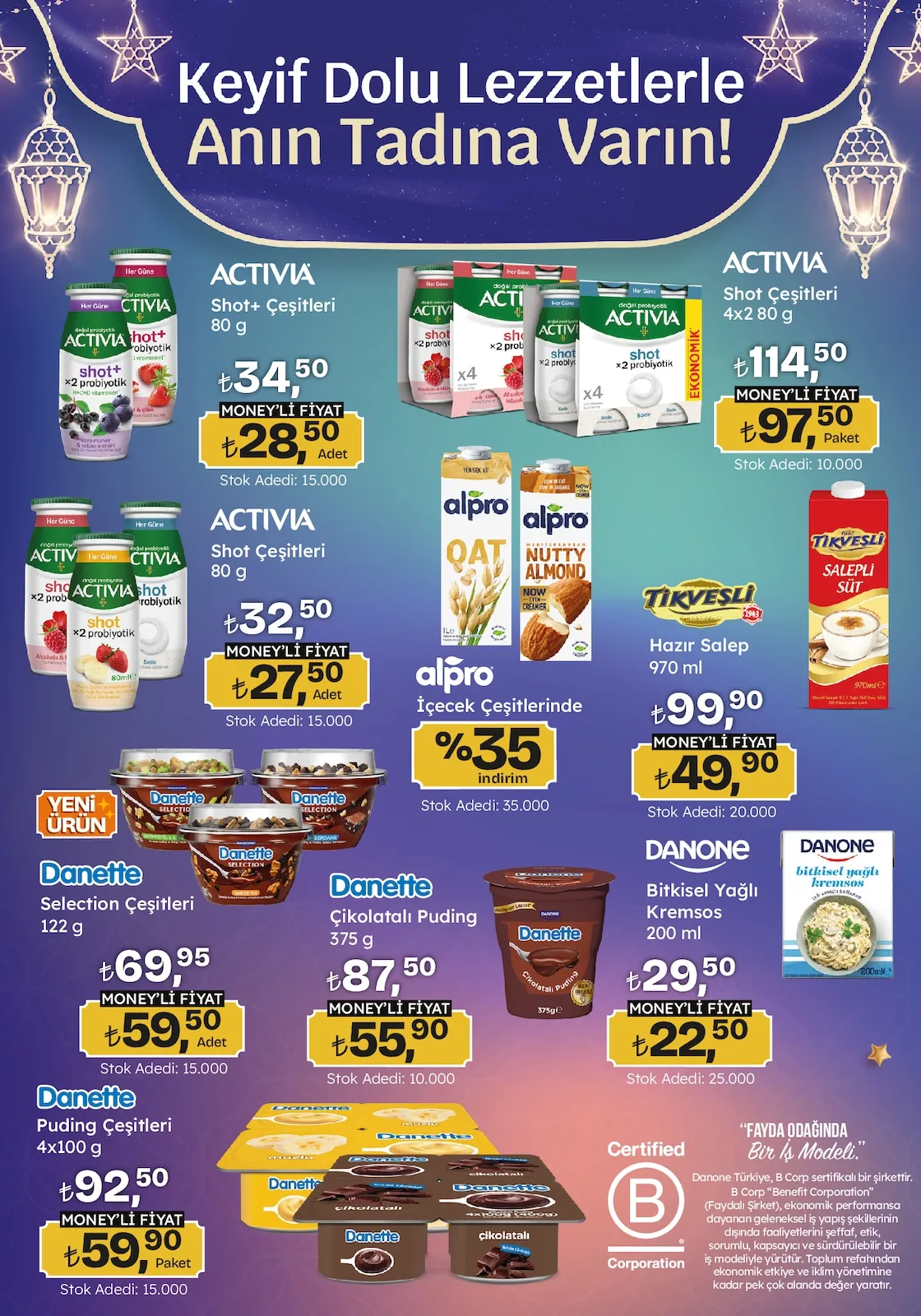 Migros Migros 12 Mart 2026 Aktüel Kataloğu sayfa 35: Activia Shot Çeşitleri 80 G, Danone Bitkisel Yağlı Kremsos 200 Ml