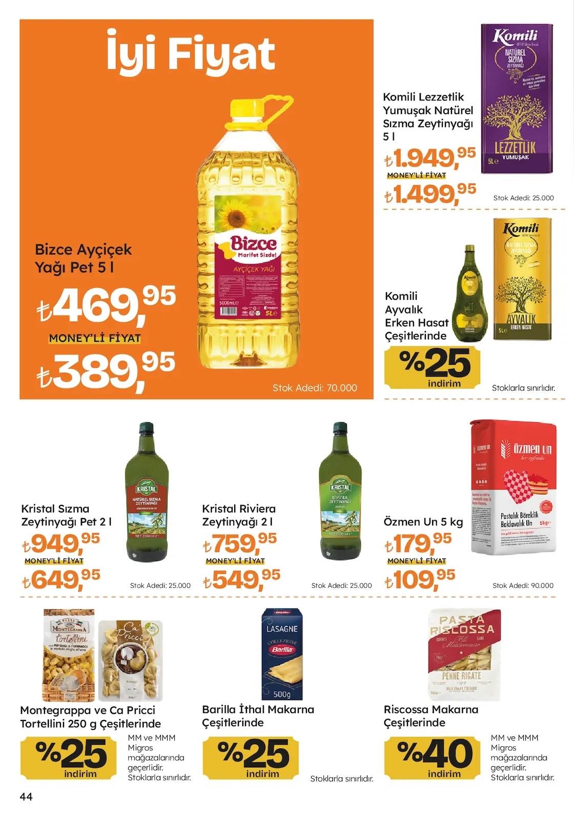 Migros Migros 12 Mart 2026 Aktüel Kataloğu sayfa 44: Bizce Ayçiçek Yağı Pet 5 L, Komili Lezzetlik Natürel Sızma Zeytinyağı 5 L