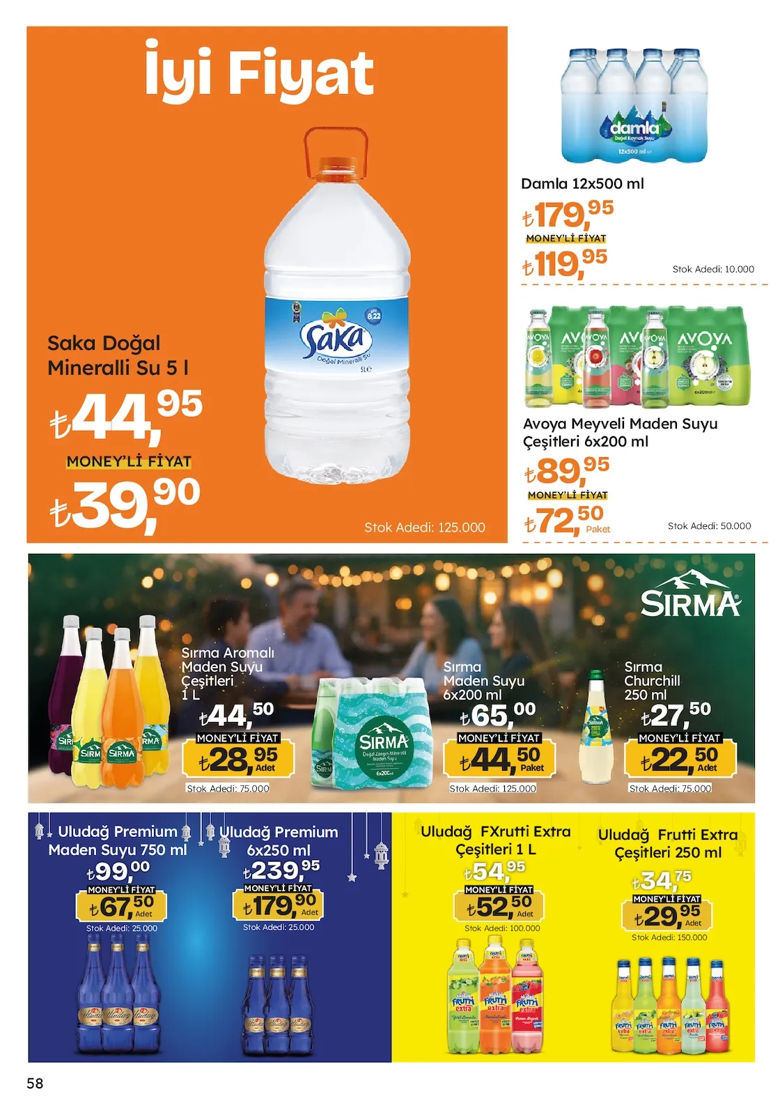 Migros Migros 12 Mart 2026 Aktüel Kataloğu sayfa 58: Saka Doğal Mineralli Su 5L, Uludağ Fxrutti Extra Çeşitleri 1L