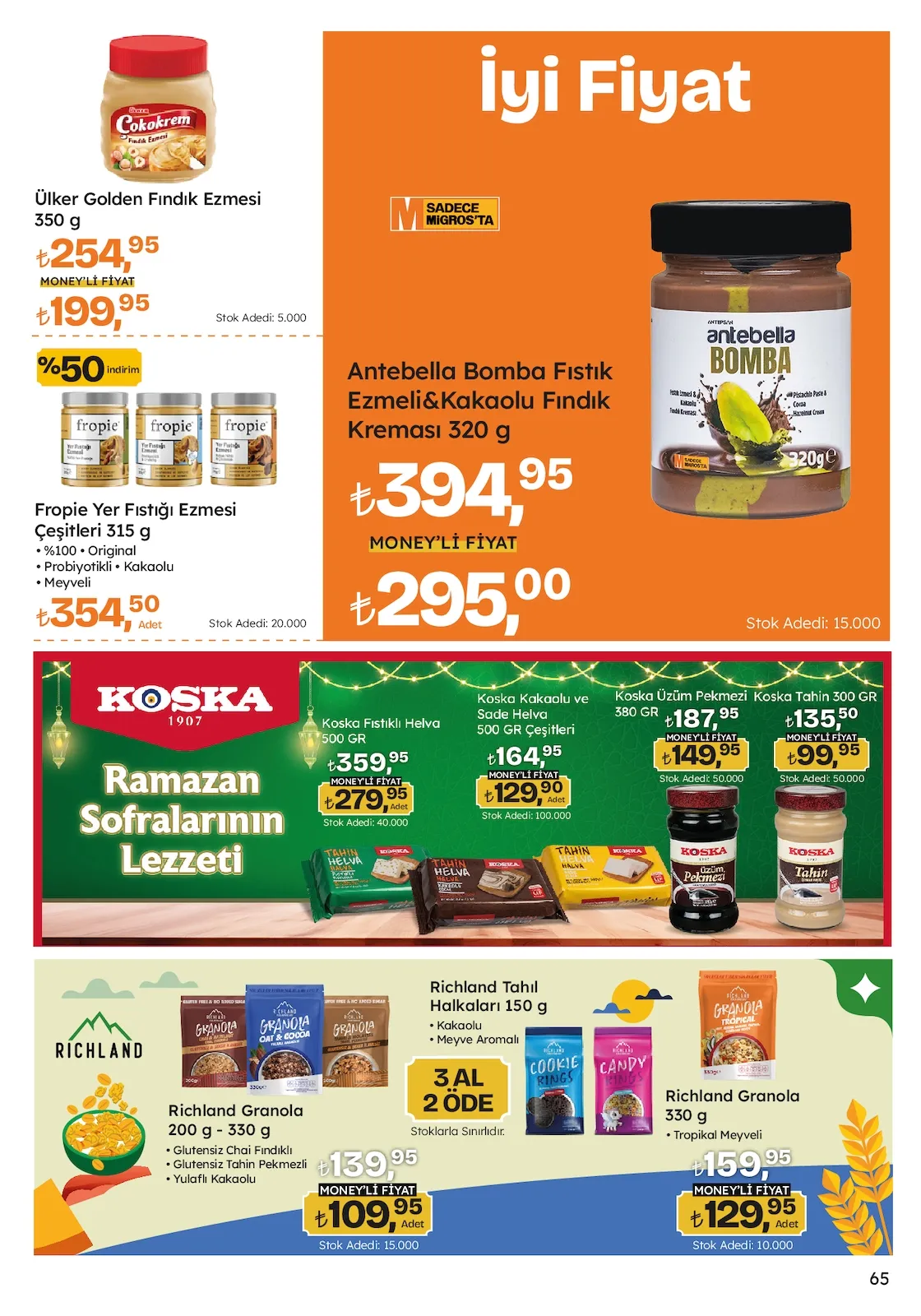 Migros Migros 12 Mart 2026 Aktüel Kataloğu sayfa 65: Ülker Golden Fındık Ezmesi 350 G, Richland Granola 330 G