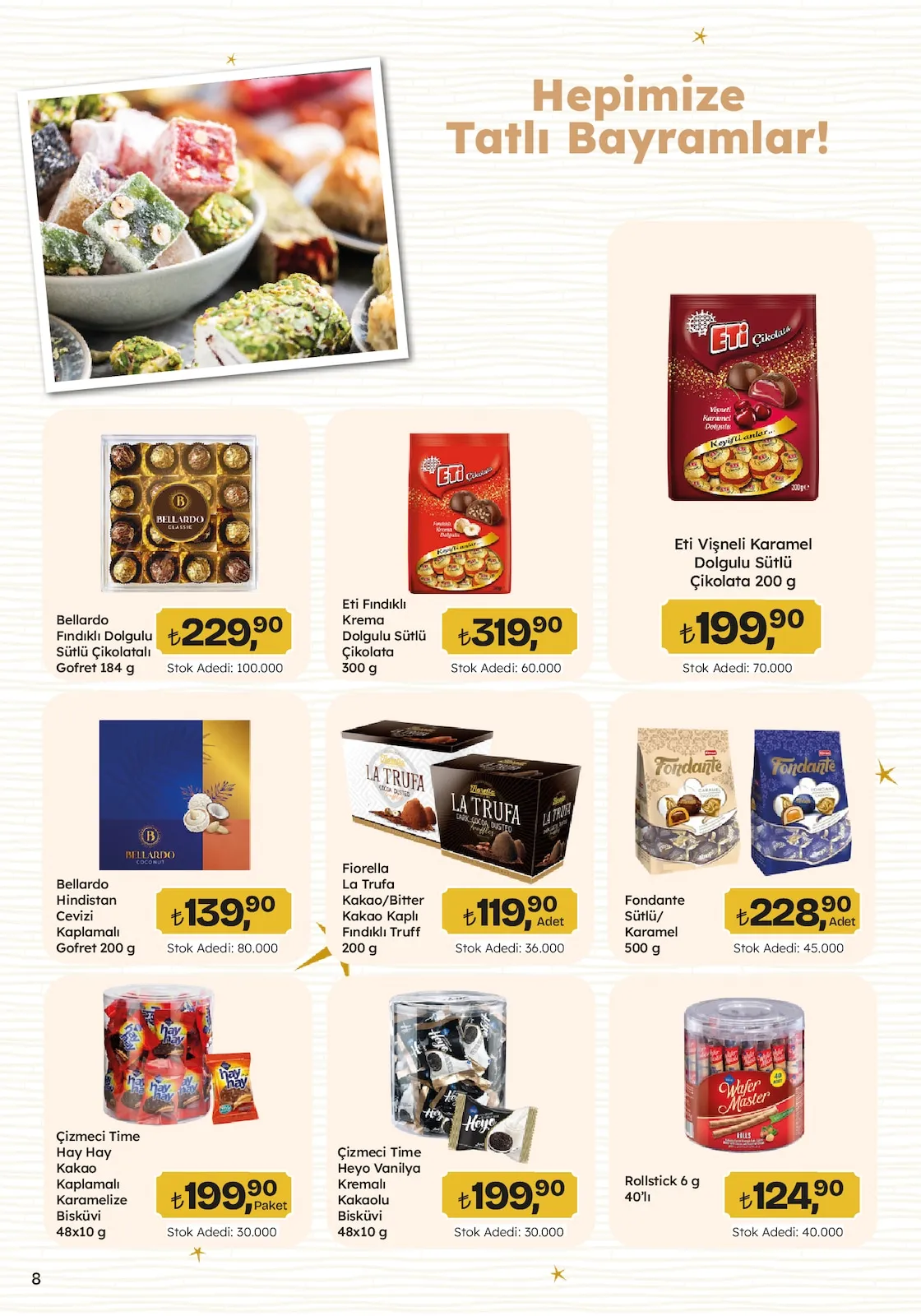Migros Migros 12 Mart 2026 Aktüel Kataloğu sayfa 8: Eti Fındıklı Krema Dolgulu Sütlü Çikolata 300 G, Bellardo Fındıklı Dolgulu Sütlü Çikolatalı Gofret 184 G