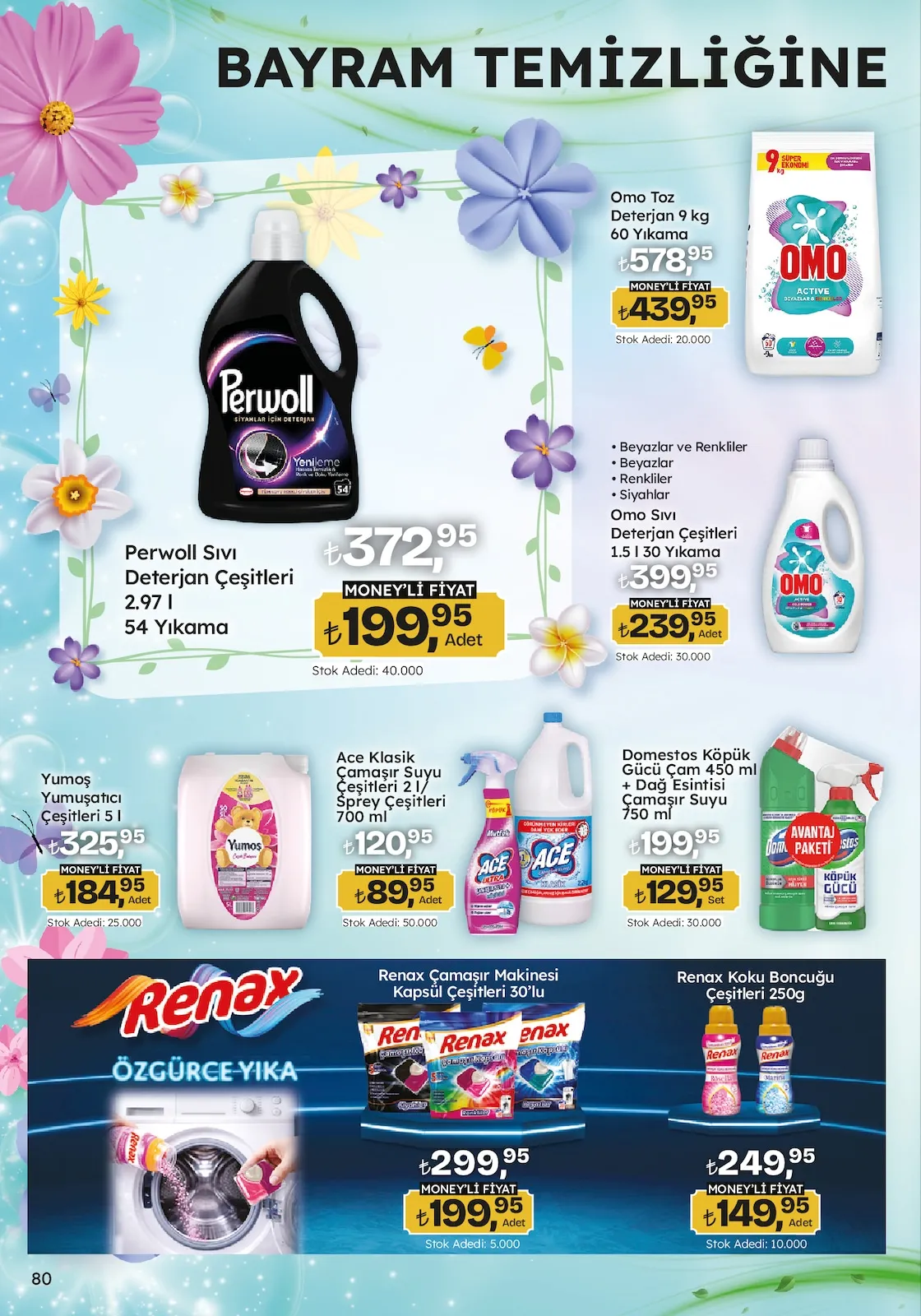 Migros Migros 12 Mart 2026 Aktüel Kataloğu sayfa 80: Omo Toz Deterjan 9 Kg, Domestos Köpük Gücü Çam 450 Ml