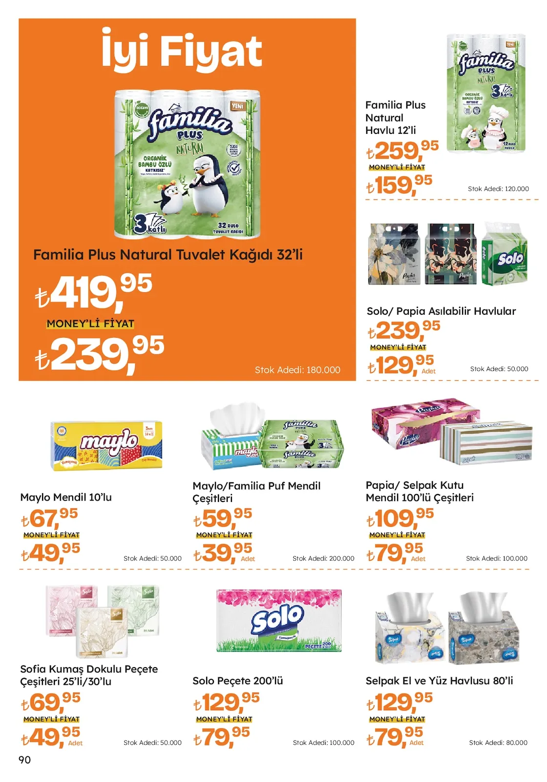 Migros Migros 12 Mart 2026 Aktüel Kataloğu sayfa 90: Familia Plus Natural Tuvalet Kağıdı 32'Li, Papia/ Selpak Kutu Mendil 100'Lü Çeşitleri