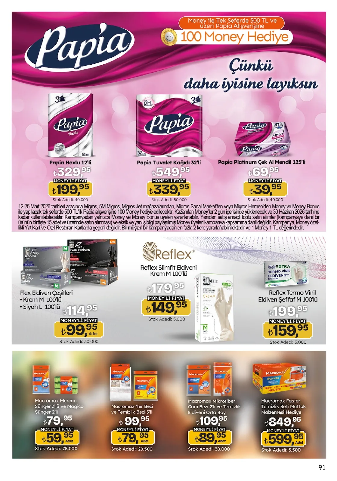 Migros Migros 12 Mart 2026 Aktüel Kataloğu sayfa 91: Flex Eldiven Çeşitleri, Macromax Mikrofiber Cam Bezi 2'Li Ve Temizlik Eldiveni Orta Boy