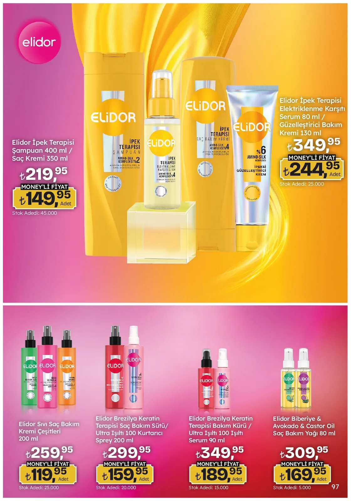 Migros Migros 12 Mart 2026 Aktüel Kataloğu sayfa 97: Elidor Brezilya Keratin Terapisi Saç Bakım Sütü/ Ultra Işıltı 100 Kurtarıcı Sprey 200 Ml