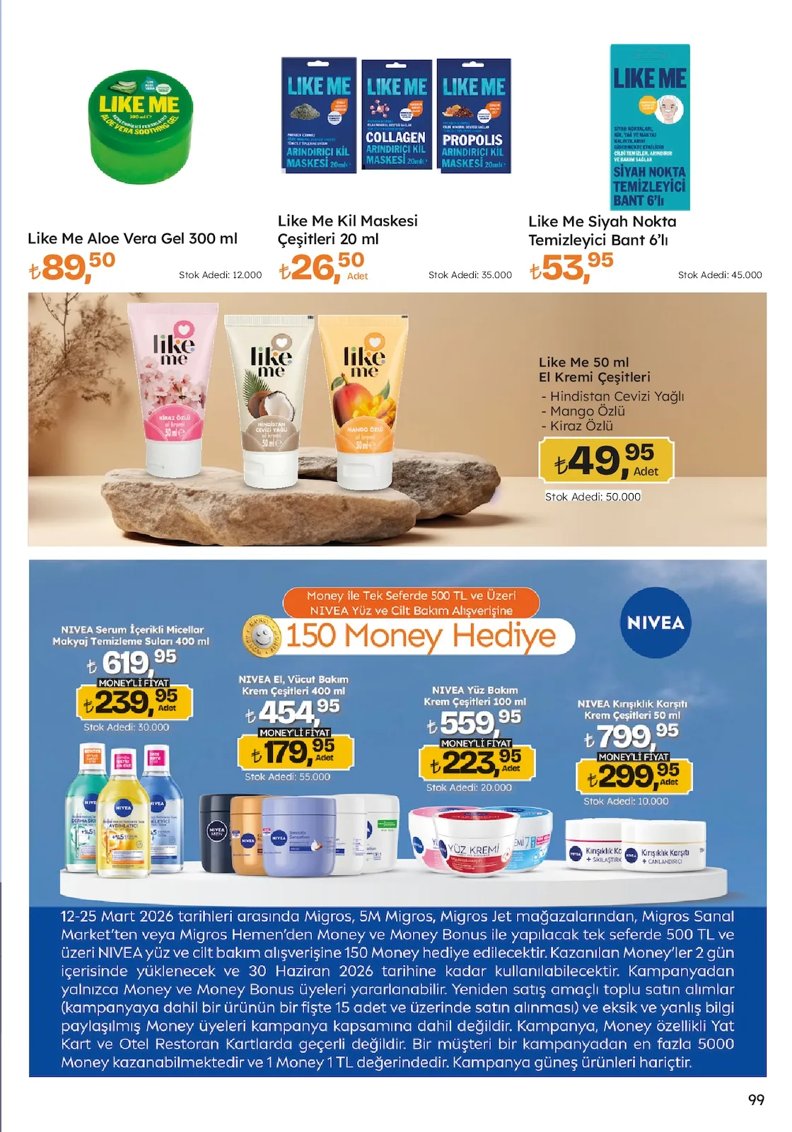 Migros Migros 12 Mart 2026 Aktüel Kataloğu sayfa 99: Like Me Siyah Nokta Temizleyici Bant 6'Lı, Nıvea Yüz Bakım Krem Çeşitleri 100 Ml