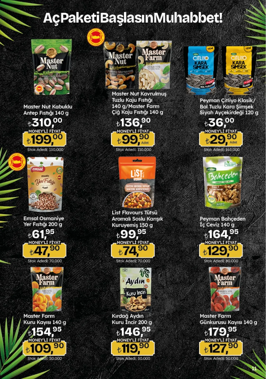 Migros Migros 26 Mart 2026 Aktüel Kataloğu sayfa 11: Peyman Çitliyo Klasik/ Bol Tuzlu Kara Şimşek Siyah Ayçekirdeği 120 G, Master Farm Günkurusu Kayısı 140 G
