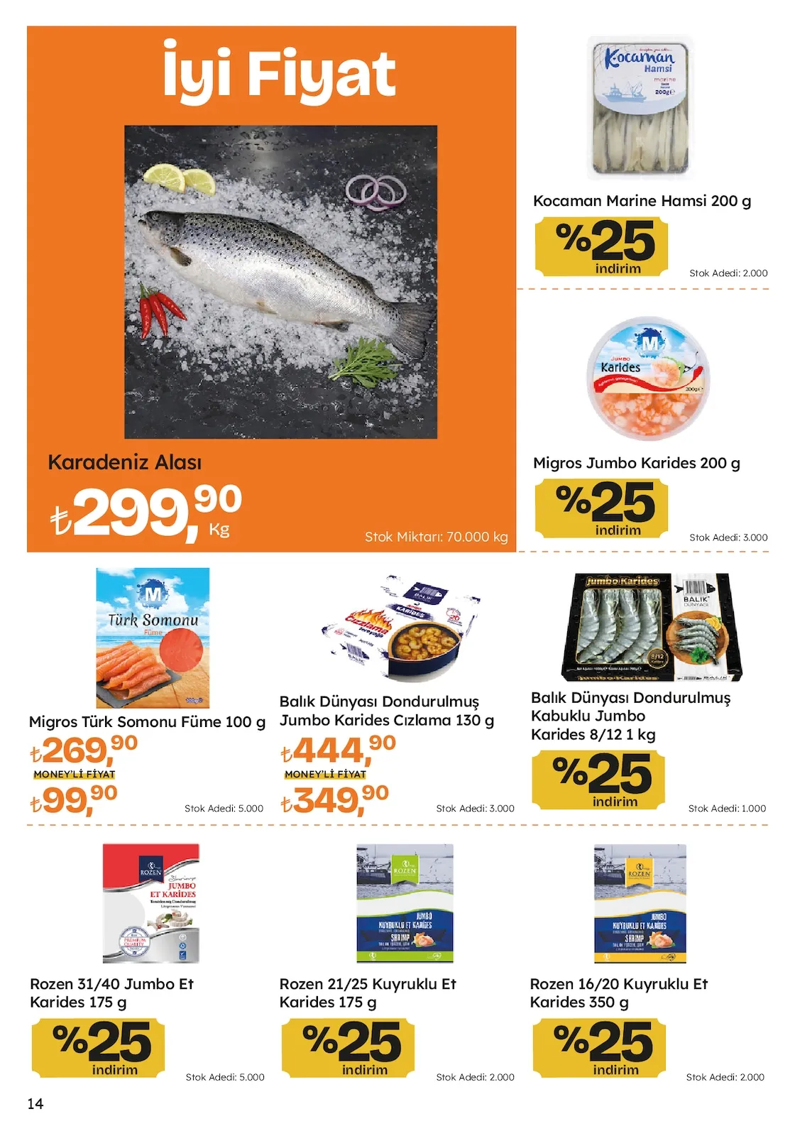 Migros Migros 26 Mart 2026 Aktüel Kataloğu sayfa 14: Migros Türk Somonu Füme 100 G, Balık Dünyası Dondurulmuş Jumbo Karides Cızlama 130 G