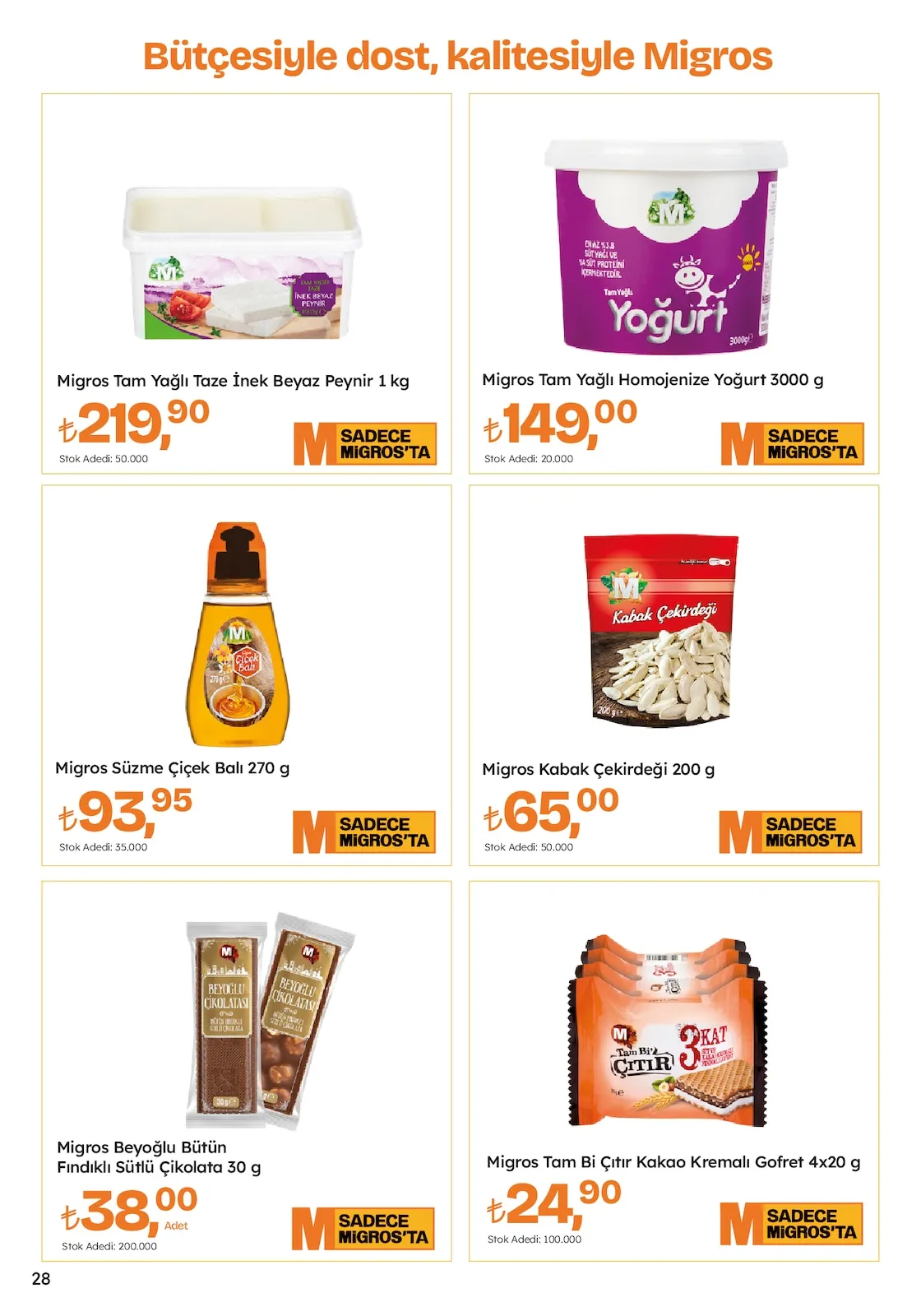 Migros Migros 26 Mart 2026 Aktüel Kataloğu sayfa 28: Migros Süzme Çiçek Balı 270 G, Migros Beyoğlu Bütün Fındıklı Sütlü Çikolata 30 G