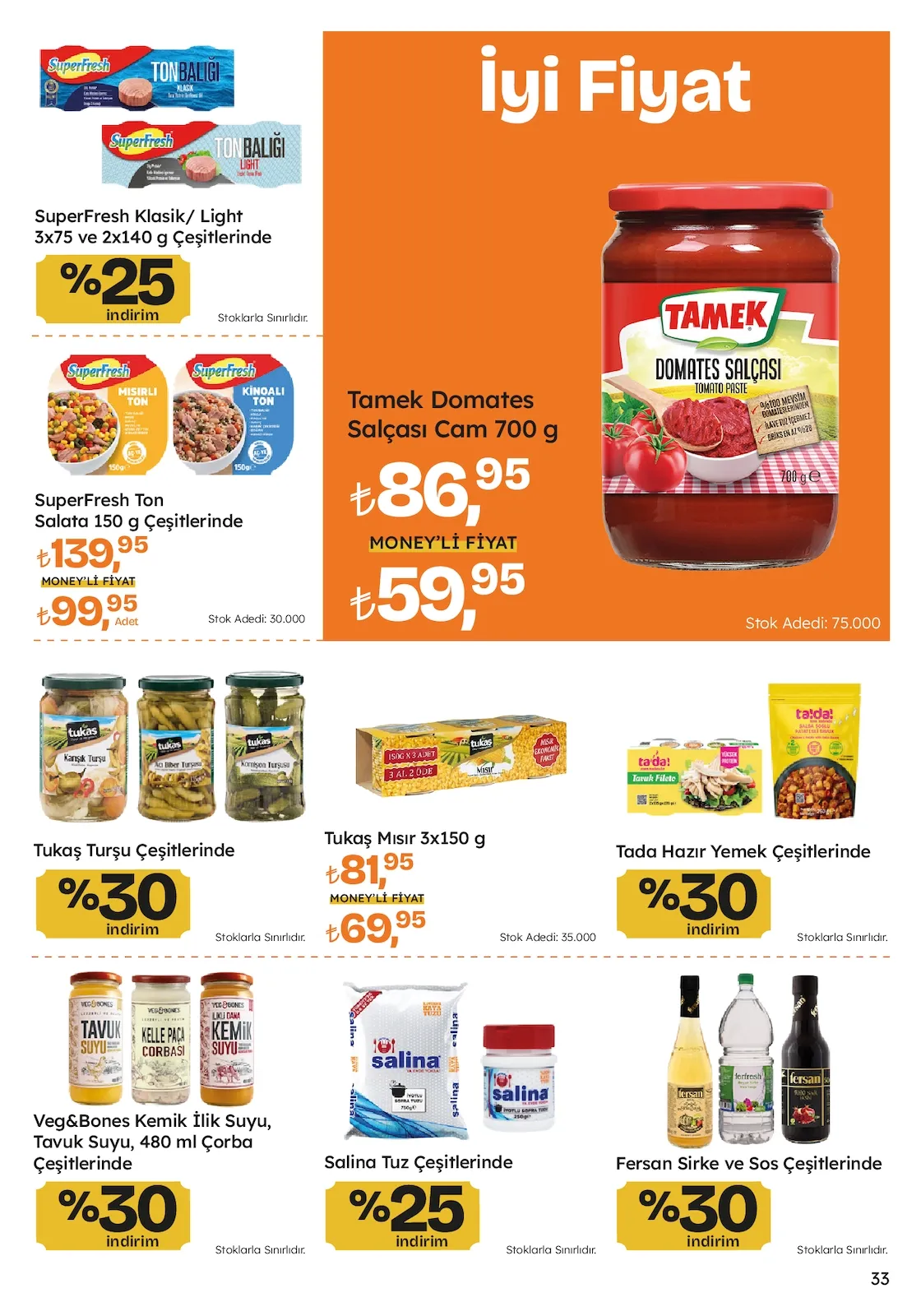 Migros Migros 26 Mart 2026 Aktüel Kataloğu sayfa 33: Tamek Domates Salçası Cam 700 G, Superfresh Ton Salata 150 G Çeşitlerinde