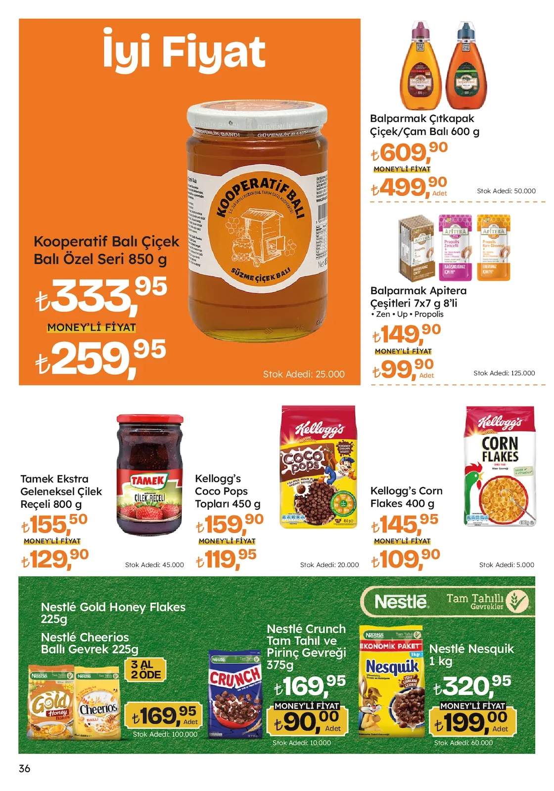 Migros Migros 26 Mart 2026 Aktüel Kataloğu sayfa 36: Kooperatif Balı Çiçek Balı Özel Seri 850 G, Balparmak Apitera Çeşitleri 7X7 G 8'Li