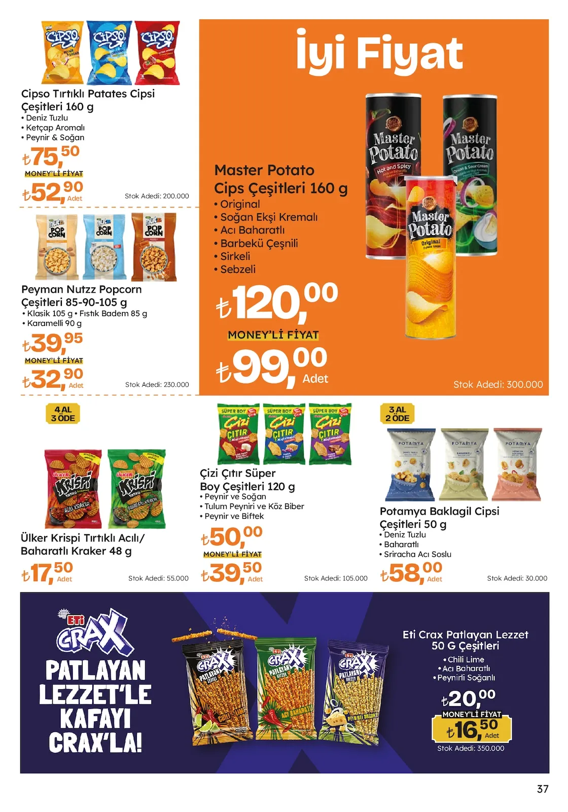 Migros Migros 26 Mart 2026 Aktüel Kataloğu sayfa 37: Master Potato Cips Çeşitleri 160 G, Çizi Çıtır Süper Boy Çeşitleri 120 G
