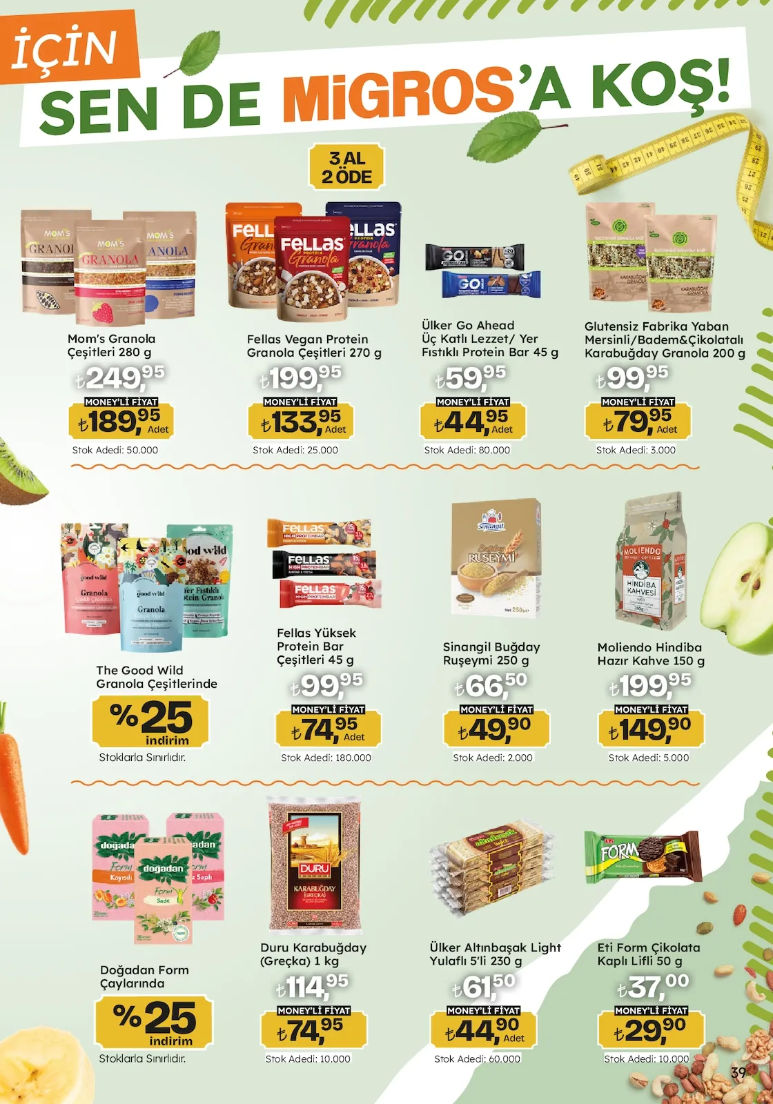 Migros Migros 26 Mart 2026 Aktüel Kataloğu sayfa 39: Mom'S Granola Çeşitleri 280 G, Glutensiz Fabrika Yaban Mersinli/Badem&Çikolatalı Karabuğday Granola 200 G