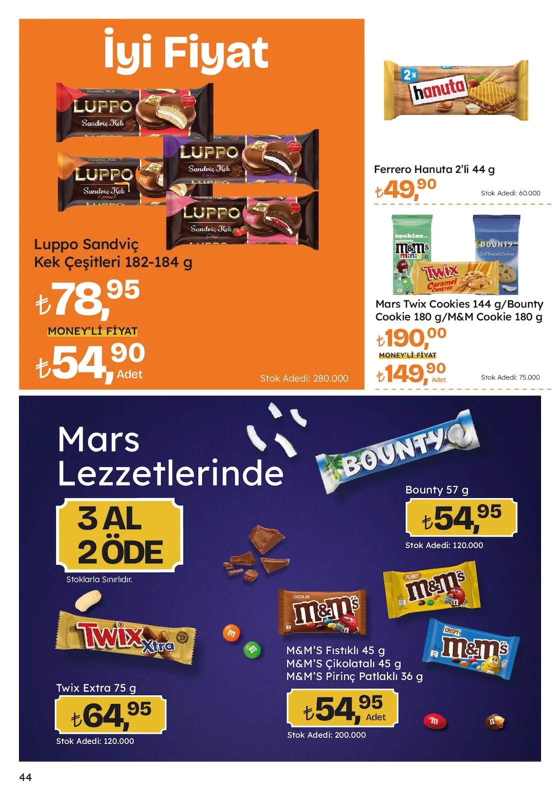 Migros Migros 26 Mart 2026 Aktüel Kataloğu sayfa 44: Luppo Sandviç Kek Çeşitleri 182-184 G, Mars Twix Cookies 144 G/Bounty Cookie 180 G/M&M Cookie 180 G