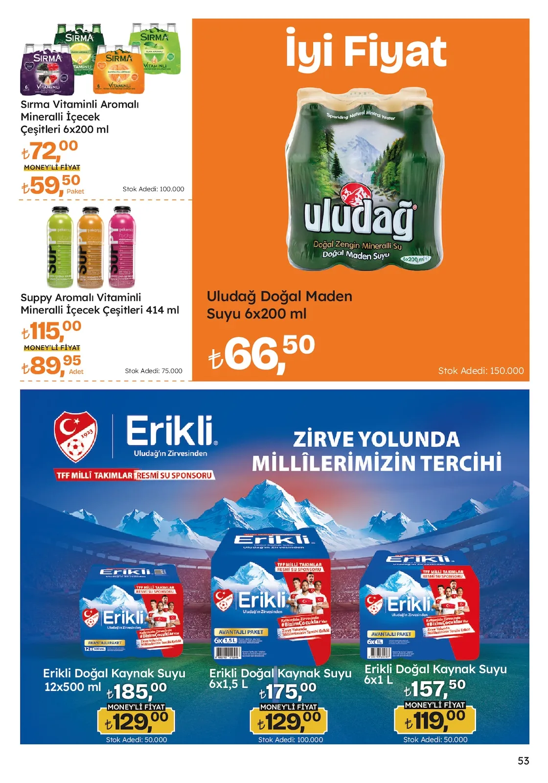 Migros Migros 26 Mart 2026 Aktüel Kataloğu sayfa 53: Uludağ Doğal Maden Suyu 6X200 Ml, Suppy Aromalı Vitaminli Mineralli İçecek Çeşitleri 414 Ml