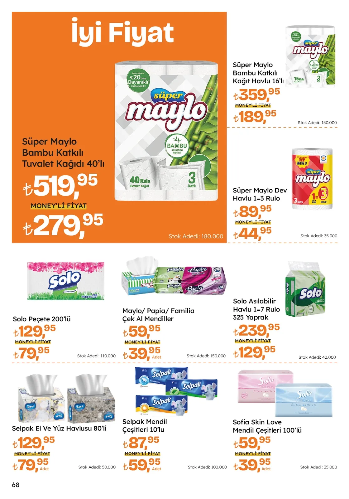 Migros Migros 26 Mart 2026 Aktüel Kataloğu sayfa 68: Süper Maylo Bambu Katkılı Tuvalet Kağıdı 40'Lı, Maylo/ Papia/ Familia Çek Al Mendiller