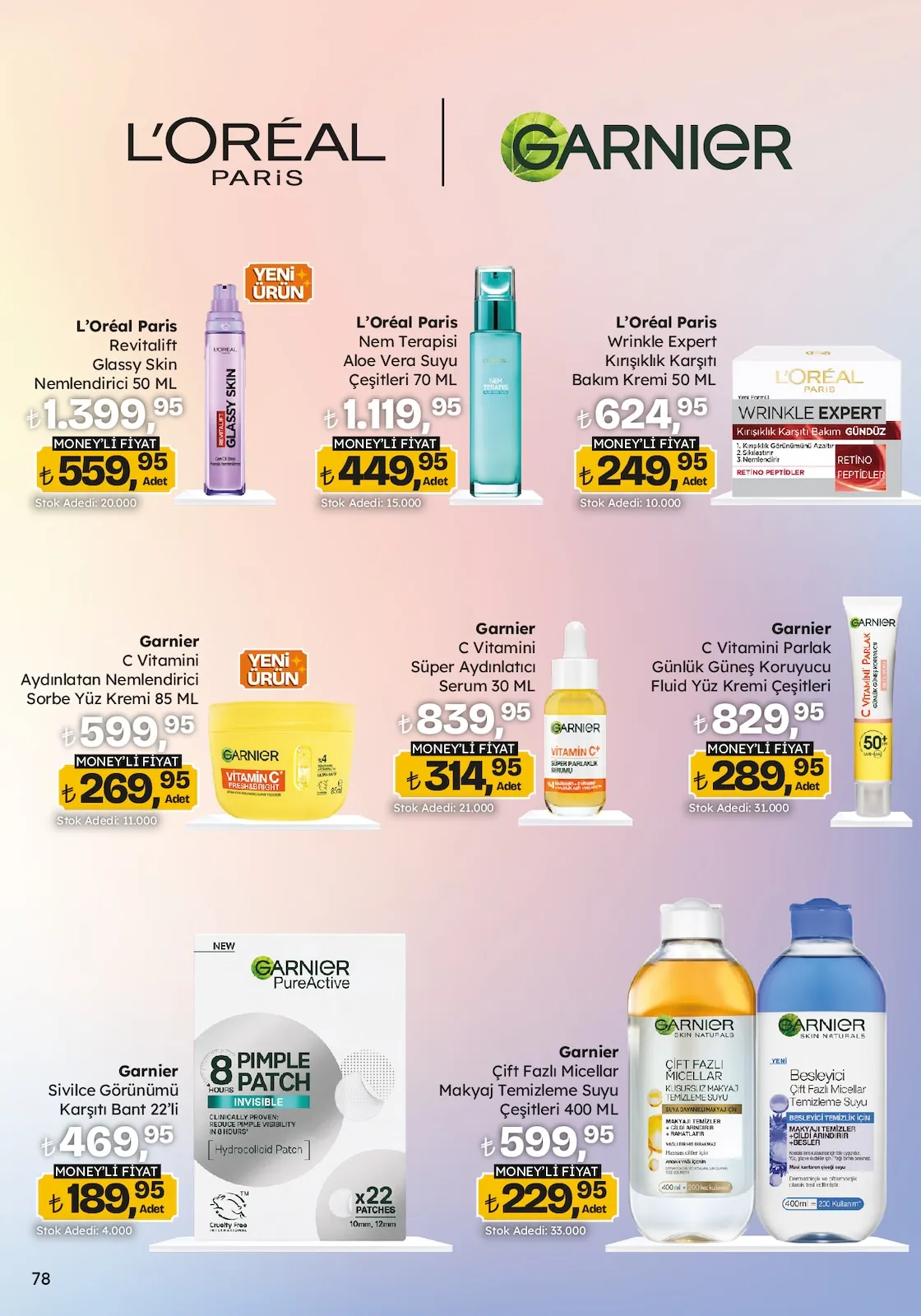 Migros Migros 26 Mart 2026 Aktüel Kataloğu sayfa 78: Garnier C Vitamini Parlak Günlük Güneş Koruyucu Fluid Yüz Kremi Çeşitleri, L'Oréal Paris Revitalift Glassy Skin Nemlendirici 50 Ml