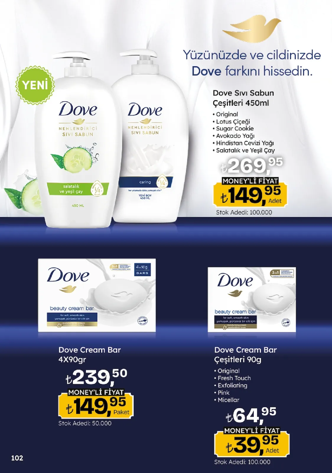 Migros Migros 14 Mayıs 2026 Aktüel Kataloğu sayfa 102: Dove Nemlendirici Sivi Sabun Çeşitleri 450Ml, Dove Cream Bar Çeşitleri 90G