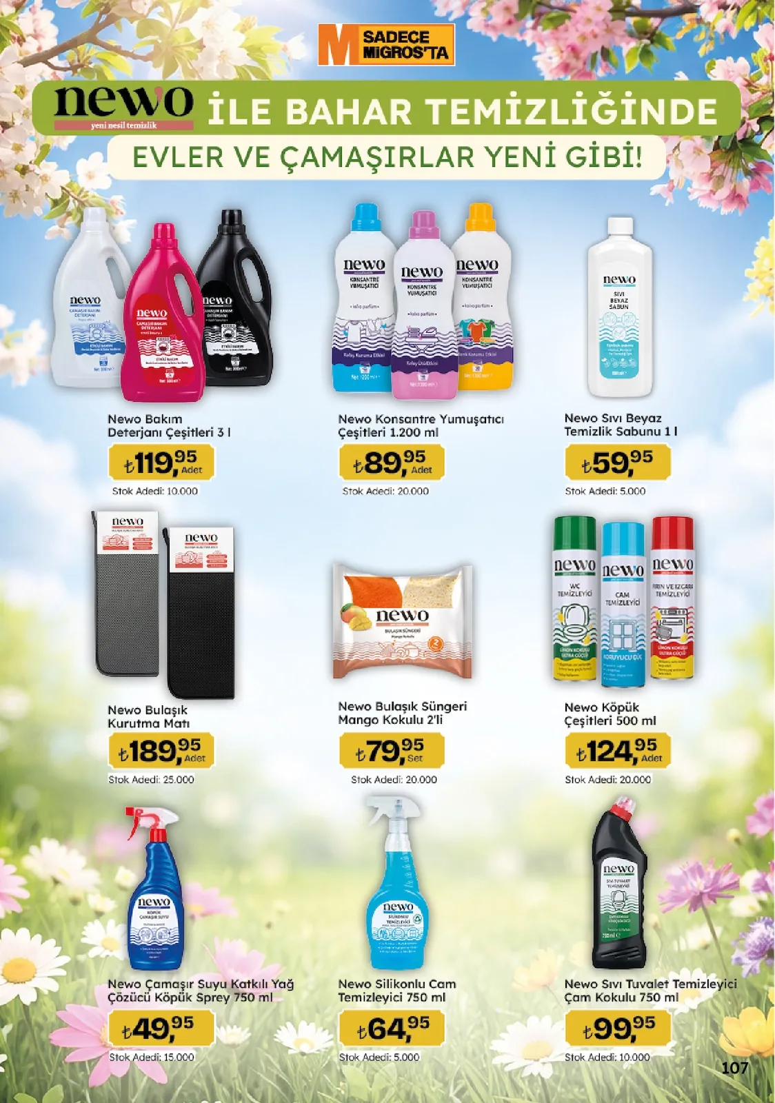 Migros Migros 14 Mayıs 2026 Aktüel Kataloğu sayfa 107: Newo Bulaşık Kurutma Matı, Newo Bakım Deterjanı Çeşitleri 3 L