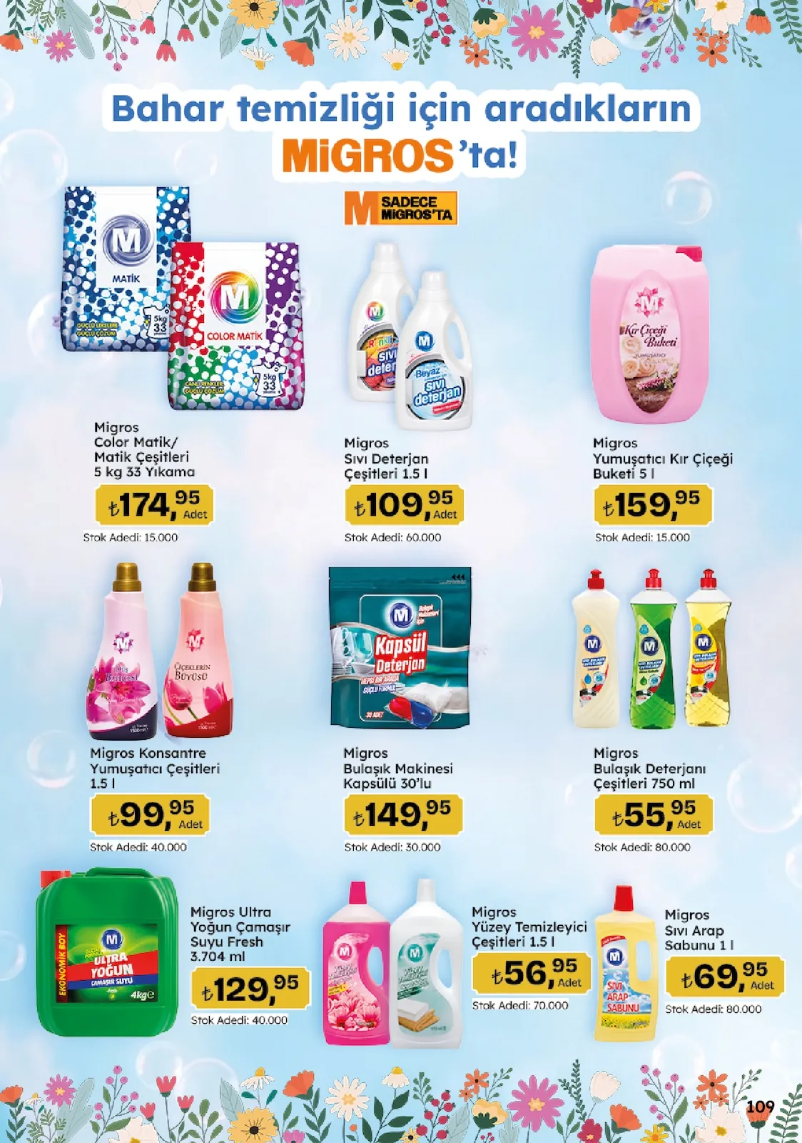 Migros Migros 14 Mayıs 2026 Aktüel Kataloğu sayfa 109: Migros Color Matik / Matik Çeşitleri 5 Kg 33 Yıkama, Migros Ultra Yoğun Çamaşır Suyu Fresh 3.704 Ml