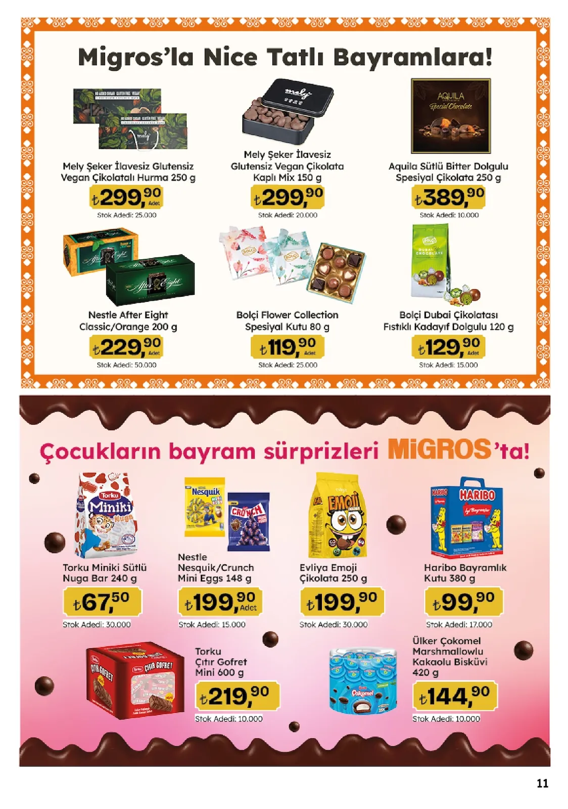 Migros Migros 14 Mayıs 2026 Aktüel Kataloğu sayfa 11: Aquila Sütlü Bitter Dolgulu Spesiyal Çikolata 250 G, Nestle Nesquik/Crunch Mini Eggs 148 G