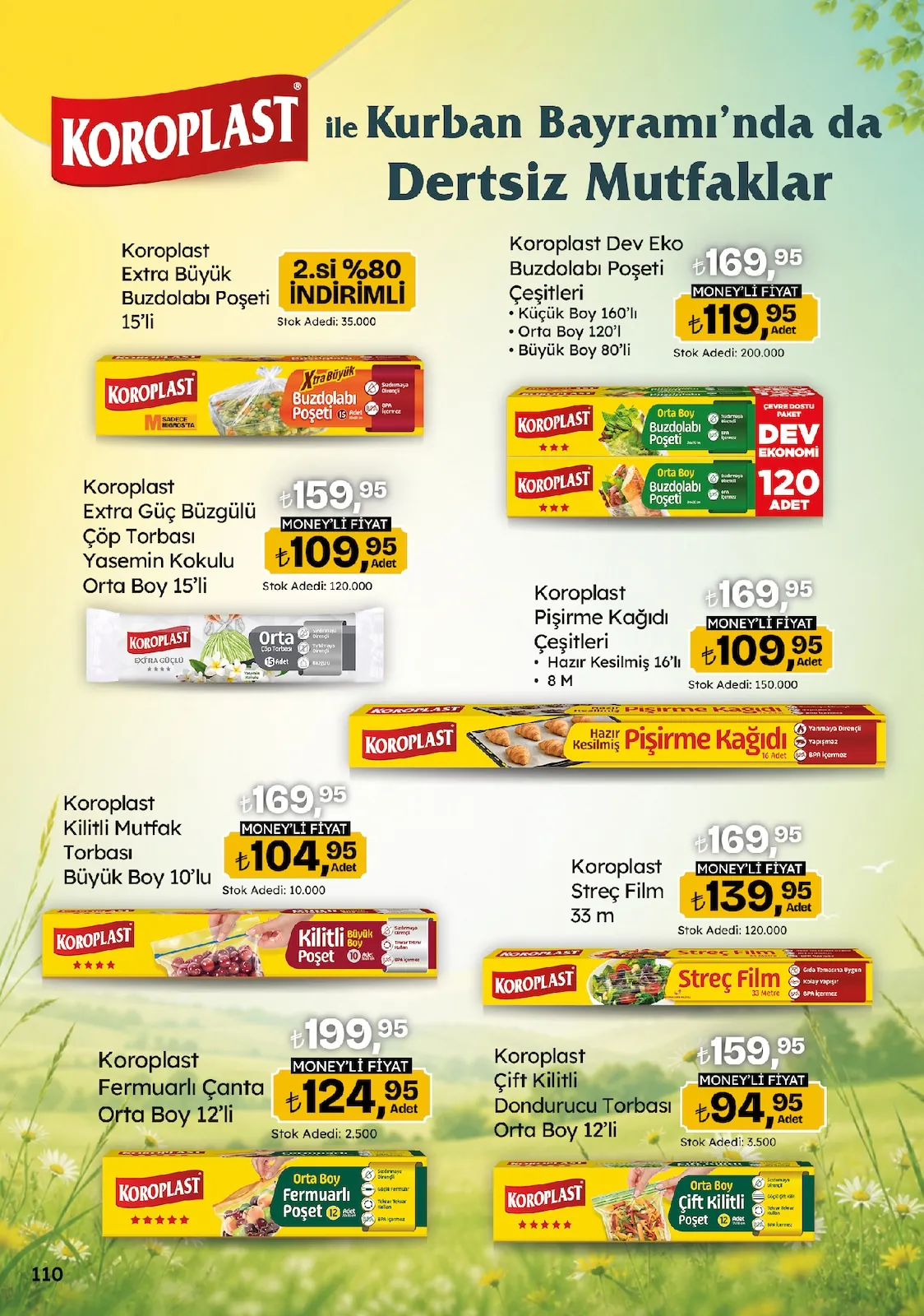 Migros Migros 14 Mayıs 2026 Aktüel Kataloğu sayfa 110: Koroplast Extra Güç Büzgülü Çöp Torbası Yasemin Kokulu Orta Boy 15'Li, Koroplast Dev Eko Buzdolabı Poşeti Çeşitleri - Orta Boy 120'Li