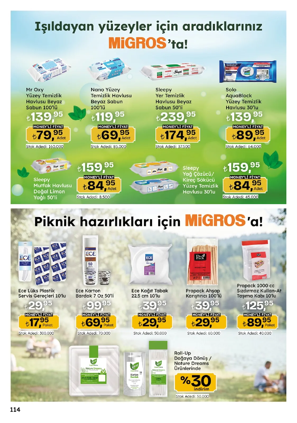Migros Migros 14 Mayıs 2026 Aktüel Kataloğu sayfa 114: Ece Karton Bardak 7 Oz 50'Li, Sleepy Yer Temizlik Havlusu Beyaz Sabun 50'Li