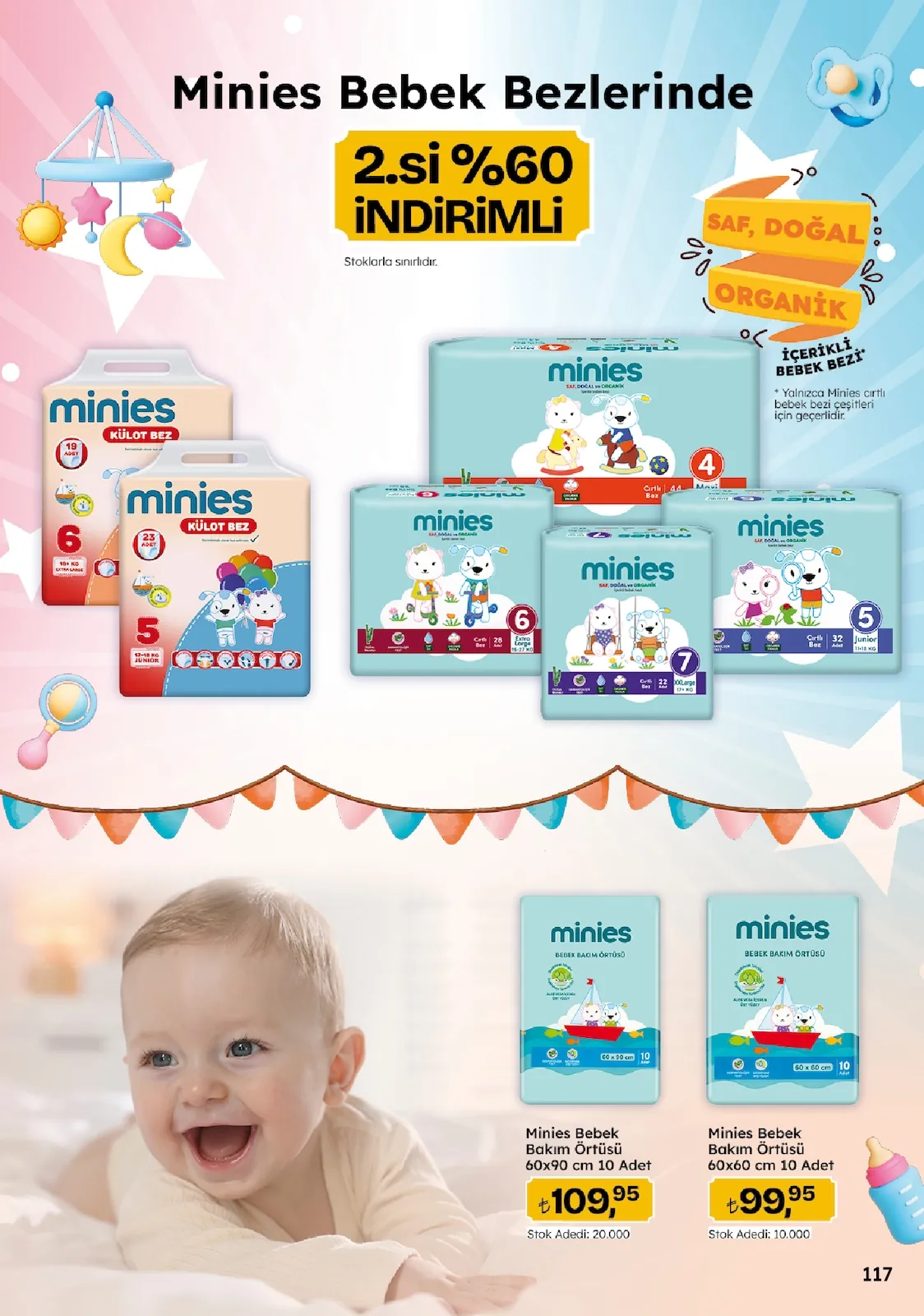Migros Migros 14 Mayıs 2026 Aktüel Kataloğu sayfa 117: Minies Bebek Bakım Örtüsü 60X90 Cm 10 Adet, Minies Bebek Bakım Örtüsü 60X60 Cm 10 Adet