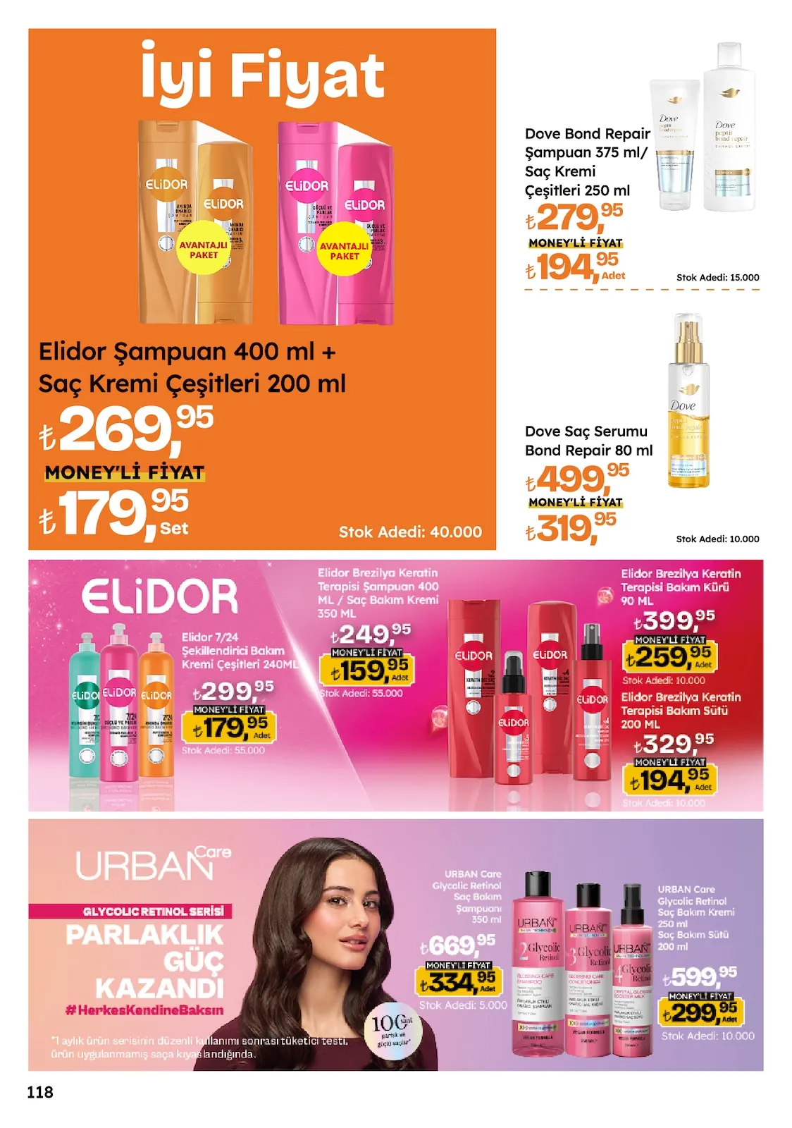 Migros Migros 14 Mayıs 2026 Aktüel Kataloğu sayfa 118: Elidor Şampuan 400Ml + Saç Kremi Çeşitleri 200Ml, Dove Saç Serumu Bond Repair 80Ml