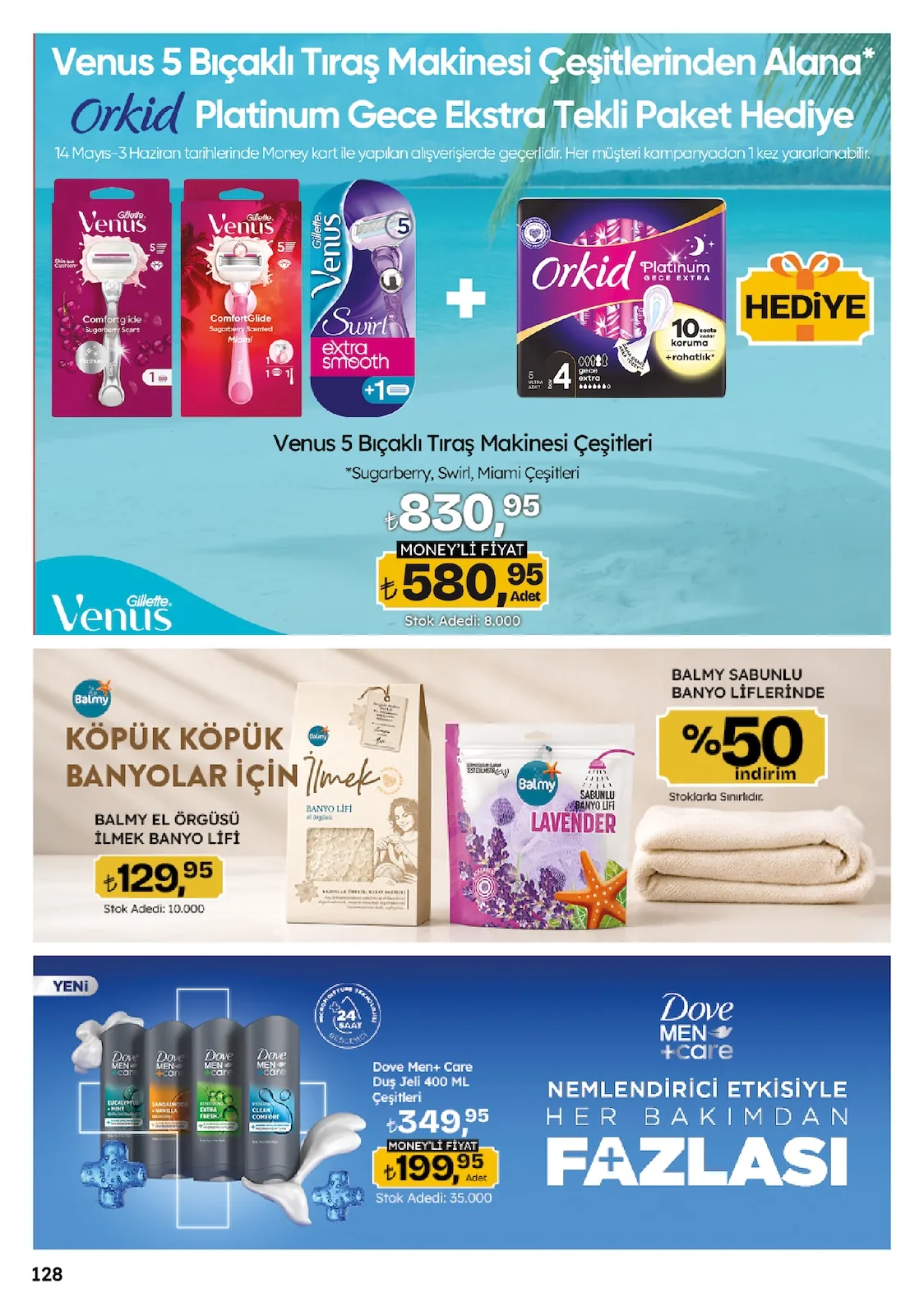 Migros Migros 14 Mayıs 2026 Aktüel Kataloğu sayfa 128: Dove Men+Care Duş Jeli Çeşitleri 400 Ml, Balmy El Örgüsü İlmek Banyo Lifi