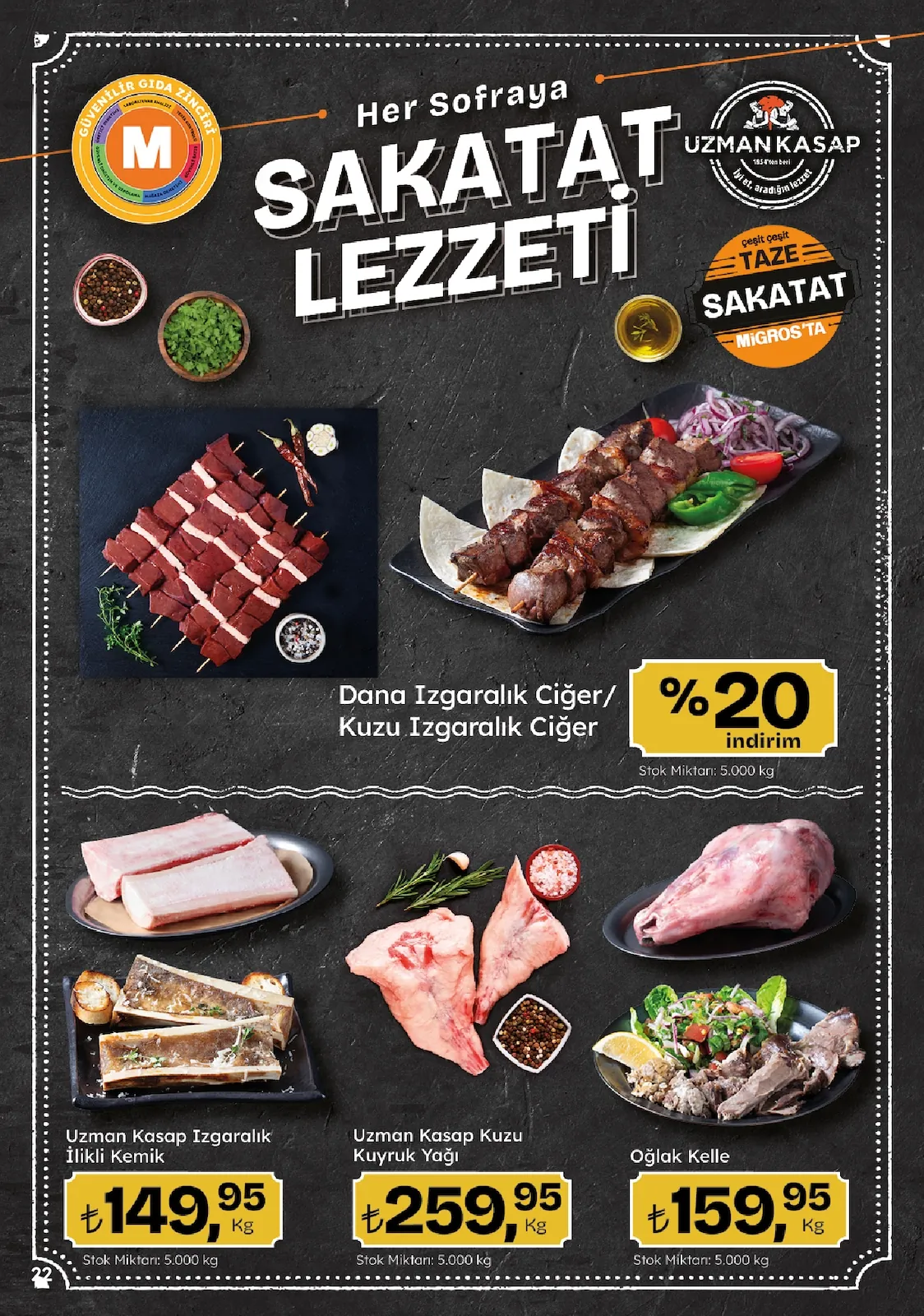 Migros Migros 14 Mayıs 2026 Aktüel Kataloğu sayfa 22: Uzman Kasap Izgaralık İlik Kemik 1Kg, Oğlak Kelle 1Kg
