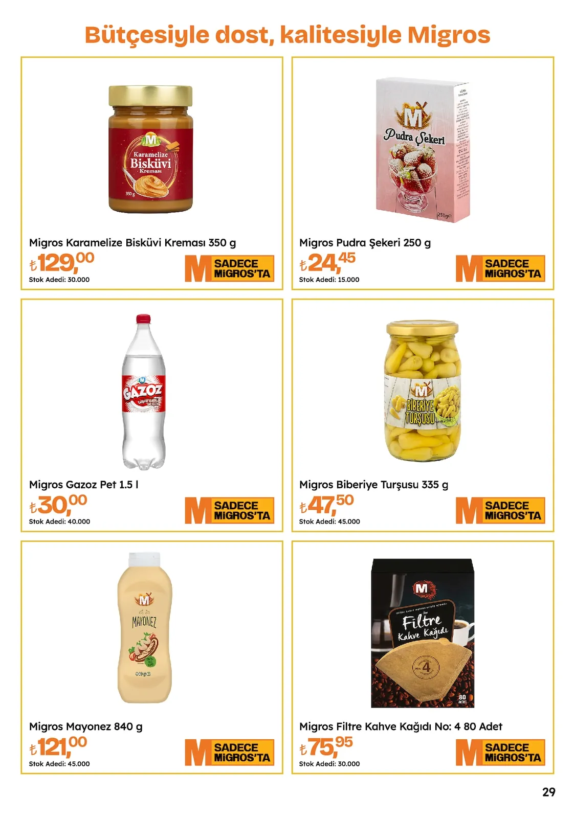 Migros Migros 14 Mayıs 2026 Aktüel Kataloğu sayfa 29: Migros Gazoz Pet 1.5 L, Migros Karamelize Bisküvi Kremasi 350 G