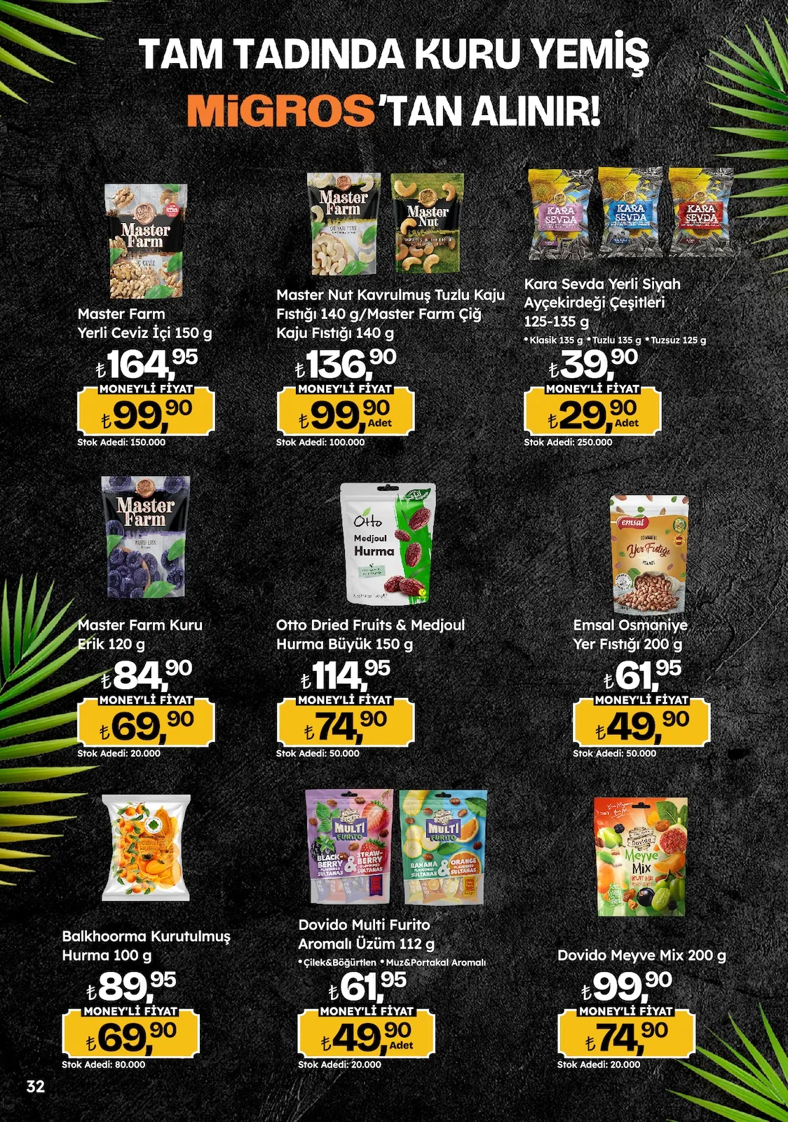 Migros Migros 14 Mayıs 2026 Aktüel Kataloğu sayfa 32: Master Farm Yerli Ceviz İçi 150 G, Otto Dried Fruits & Medjoul Hurma Büyük 150 G