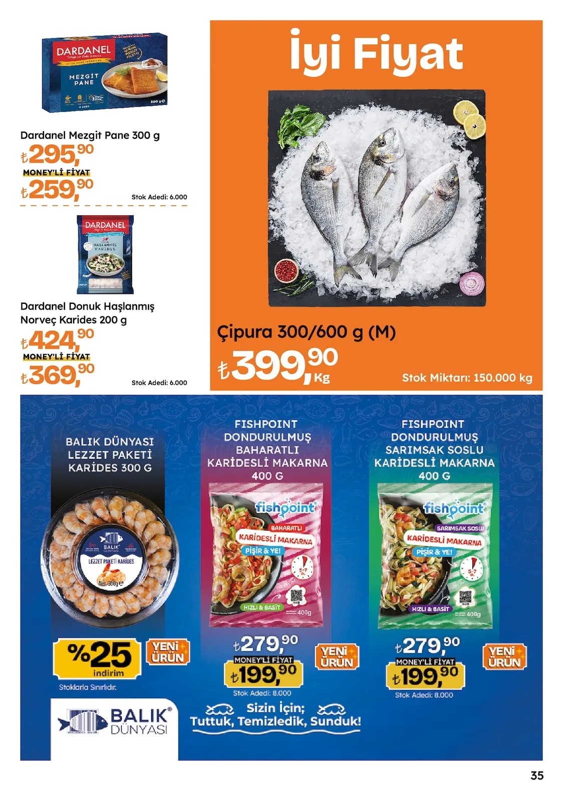 Migros Migros 14 Mayıs 2026 Aktüel Kataloğu sayfa 35: Çipura 300/600 G (M), Dardanel Donuk Haşlanmış Norveç Karides 200 G