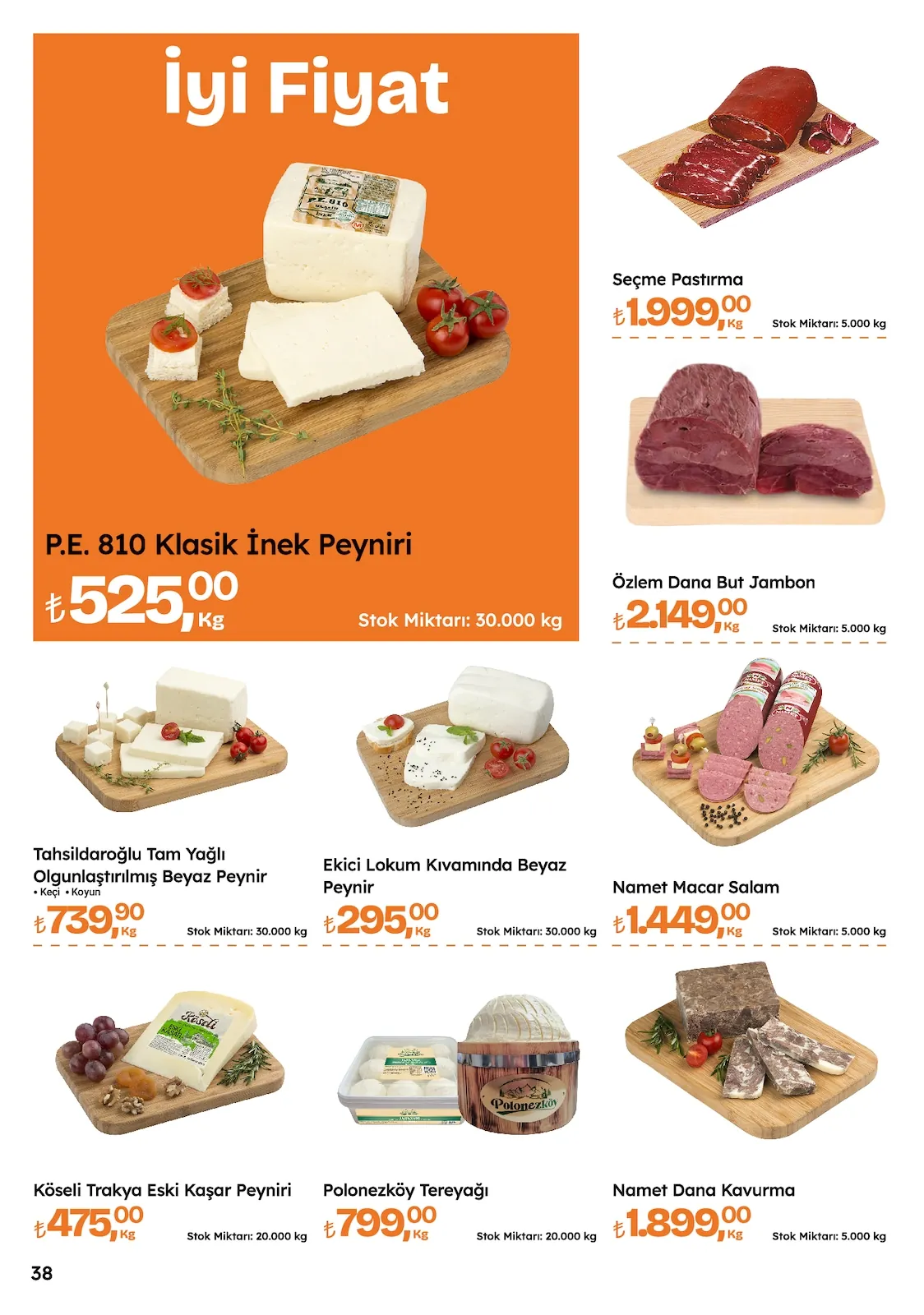 Migros Migros 14 Mayıs 2026 Aktüel Kataloğu sayfa 38: P.E. 810 Klasik İnek Peyniri Kg, Namet Macar Salam Kg