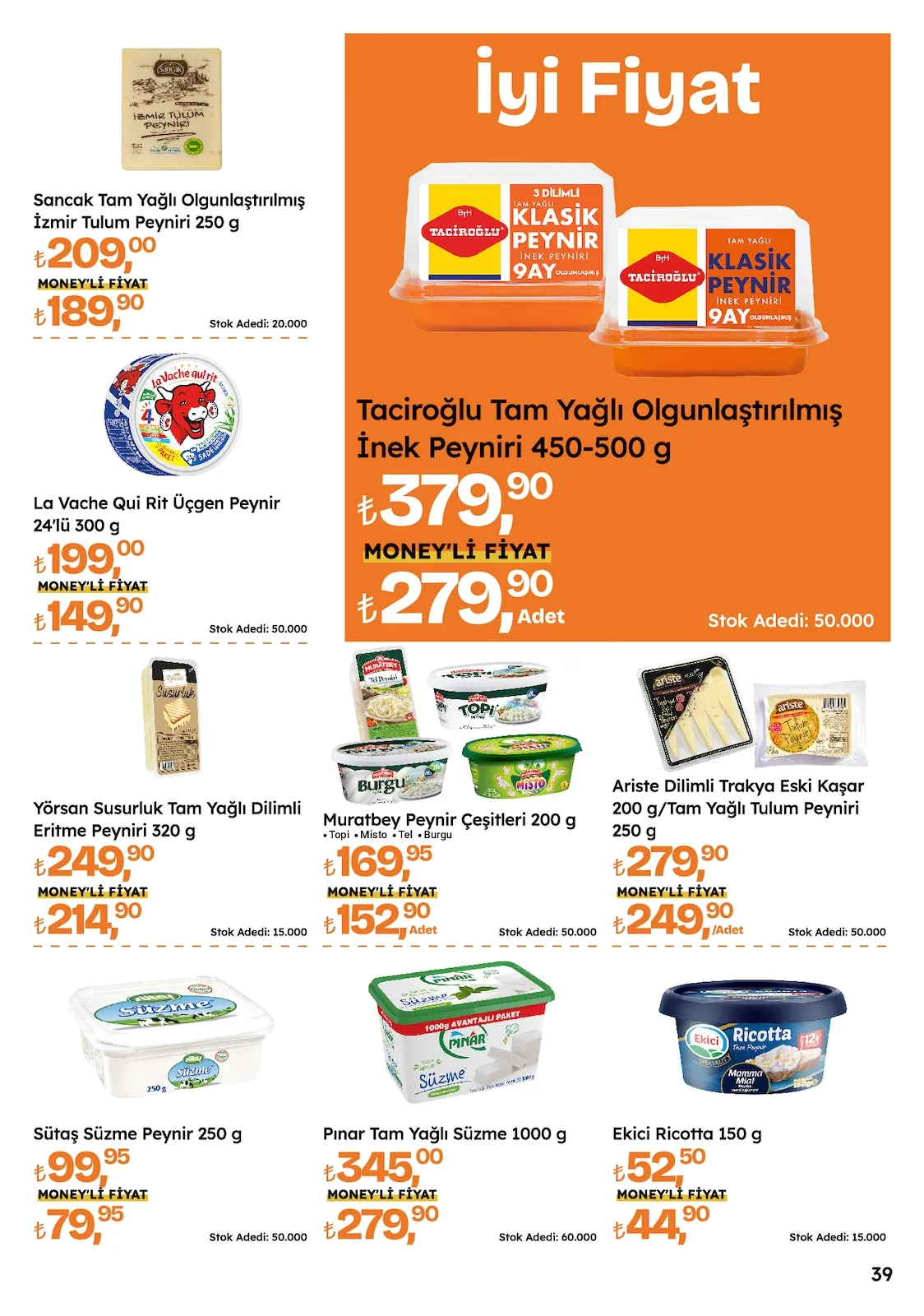 Migros Migros 14 Mayıs 2026 Aktüel Kataloğu sayfa 39: Yörsan Susurluk Tam Yağlı Dilimli Eritme Peyniri 320 G, Tacıroğlu Tam Yağlı Olgunlaştırılmış İnek Peyniri 450-500 G