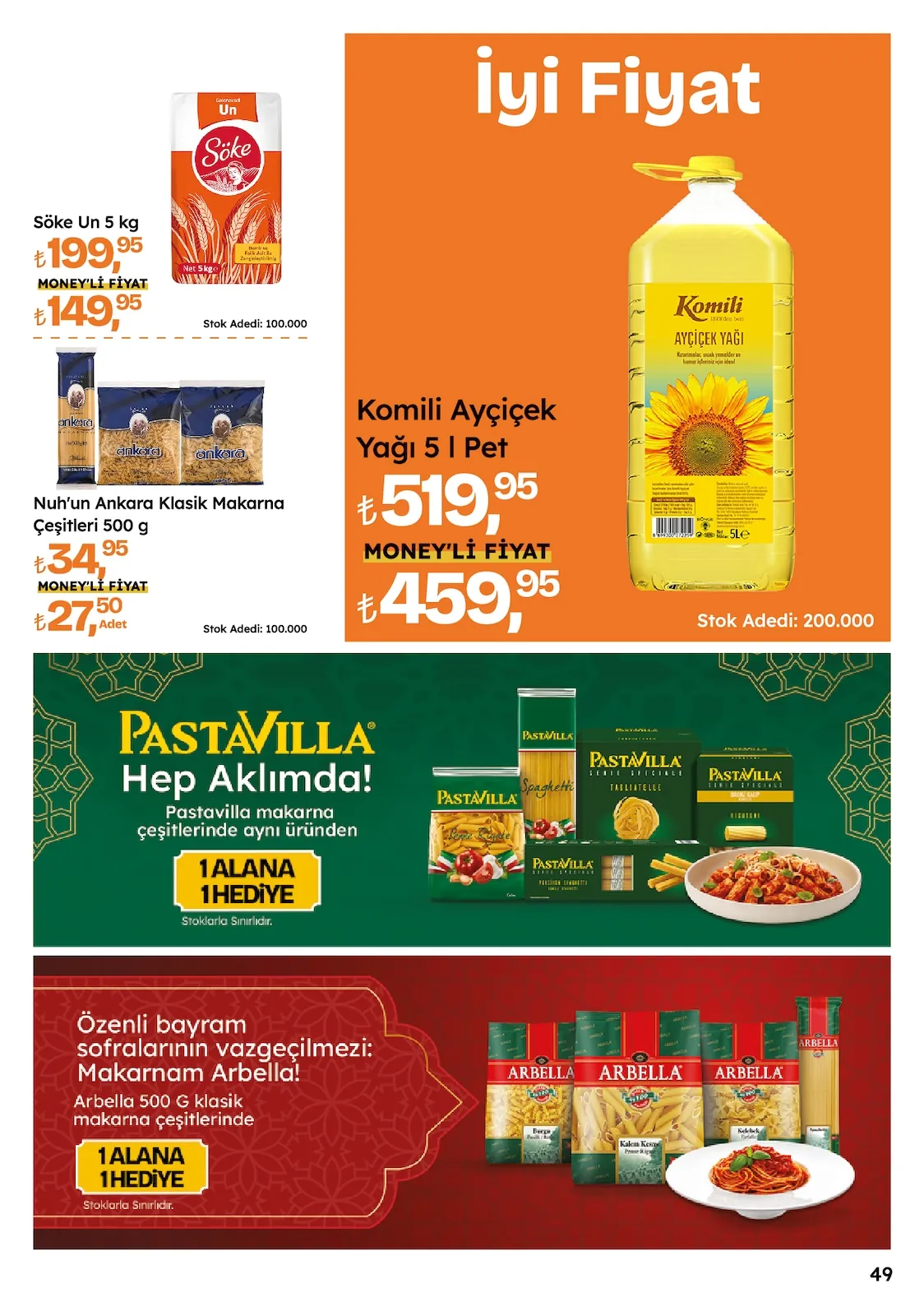 Migros Migros 14 Mayıs 2026 Aktüel Kataloğu sayfa 49: Komili Ayçiçek Yağı 5 L, Nuh'Un Ankara Klasik Makarna Çeşitleri 500 G