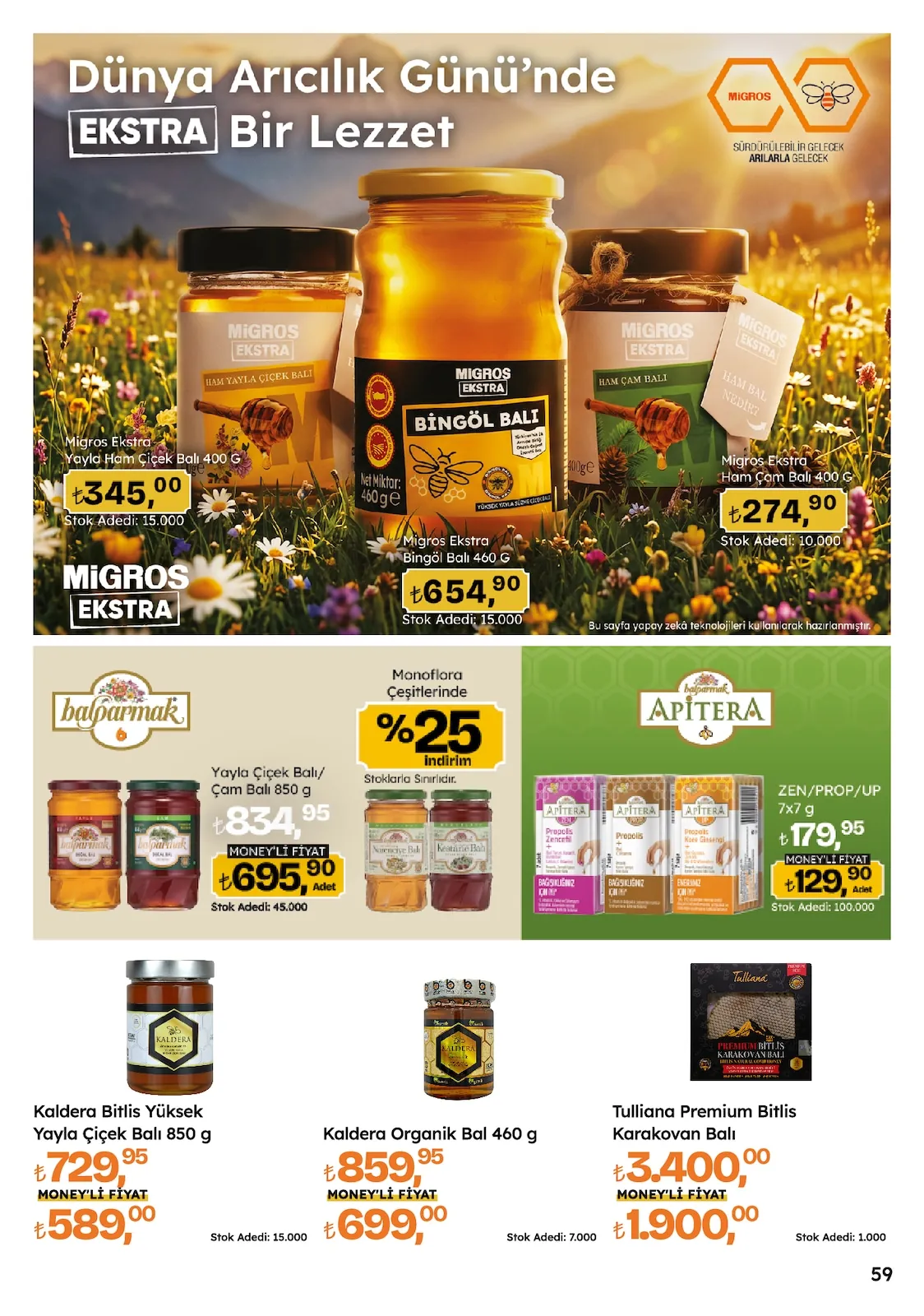 Migros Migros 14 Mayıs 2026 Aktüel Kataloğu sayfa 59: Kaldera Bitlis Yüksek Yayla Çiçek Balı 850 G, Tulliana Premium Bitlis Karakovan Balı