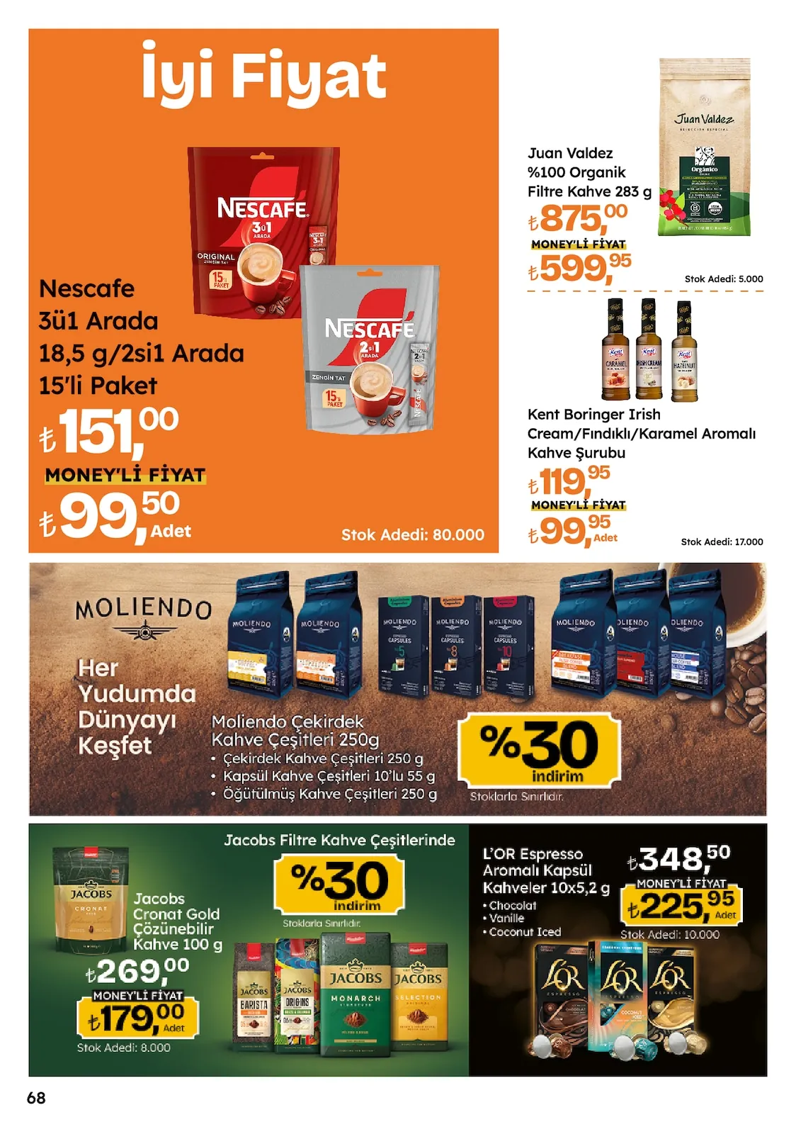 Migros Migros 14 Mayıs 2026 Aktüel Kataloğu sayfa 68: Nescafe 3Ü1 Arada 18,5 G/2Si1 Arada 15'Li Paket, Jacobs Cronat Gold Çözünebilir Kahve 100 G