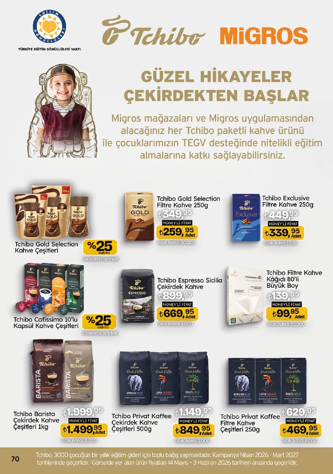 Migros Migros 14 Mayıs 2026 Aktüel Kataloğu sayfa 70: Tchibo Barista Çekirdek Kahve Çeşitleri 1Kg, Tchibo Privat Kaffee Çekirdek Kahve Çeşitleri 500G