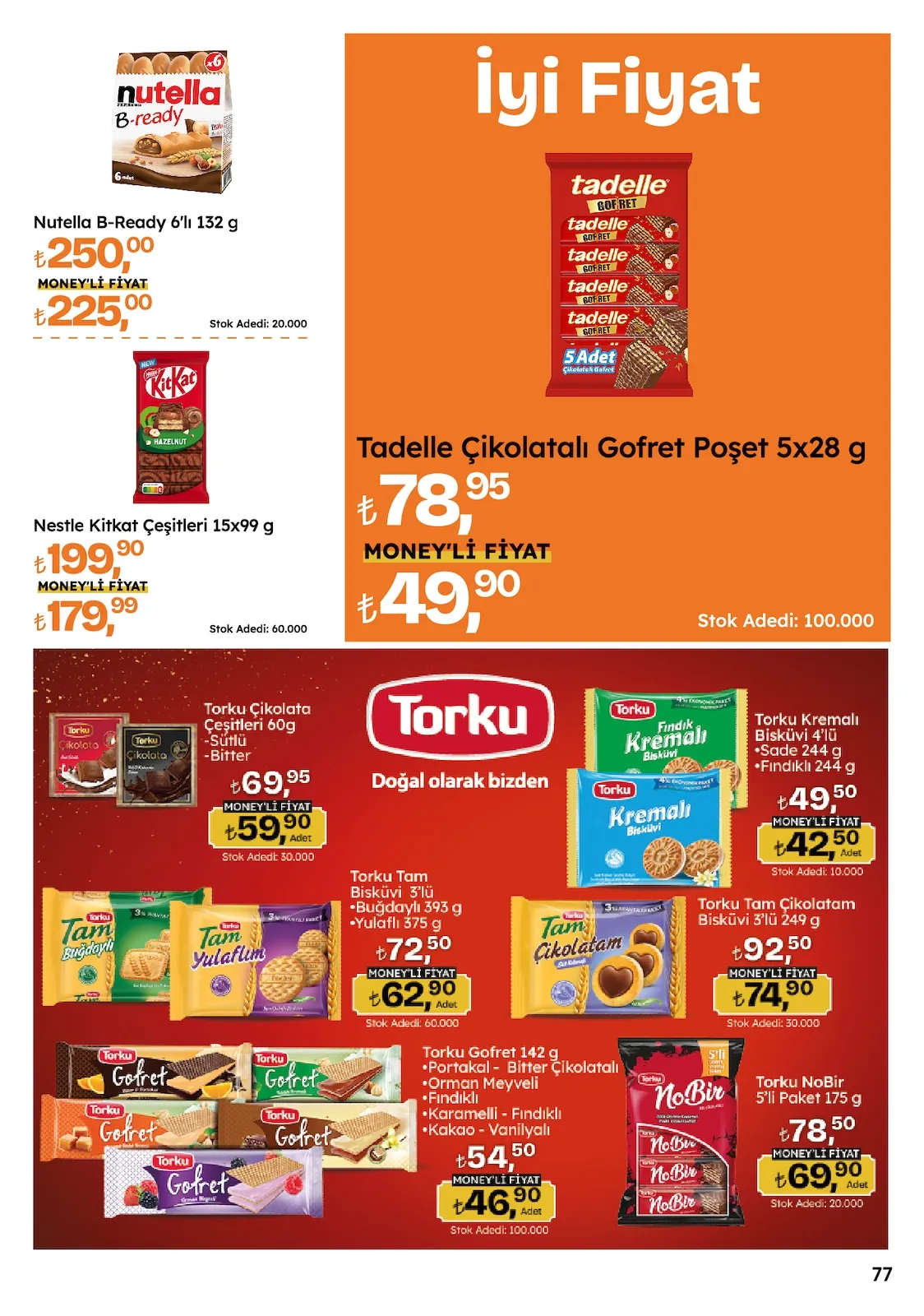 Migros Migros 14 Mayıs 2026 Aktüel Kataloğu sayfa 77: T<Bos>Adelle Çikolatalı Gofret Poşet 5X28 G, Nestle Kit Kat Çeşitleri 15X99 G