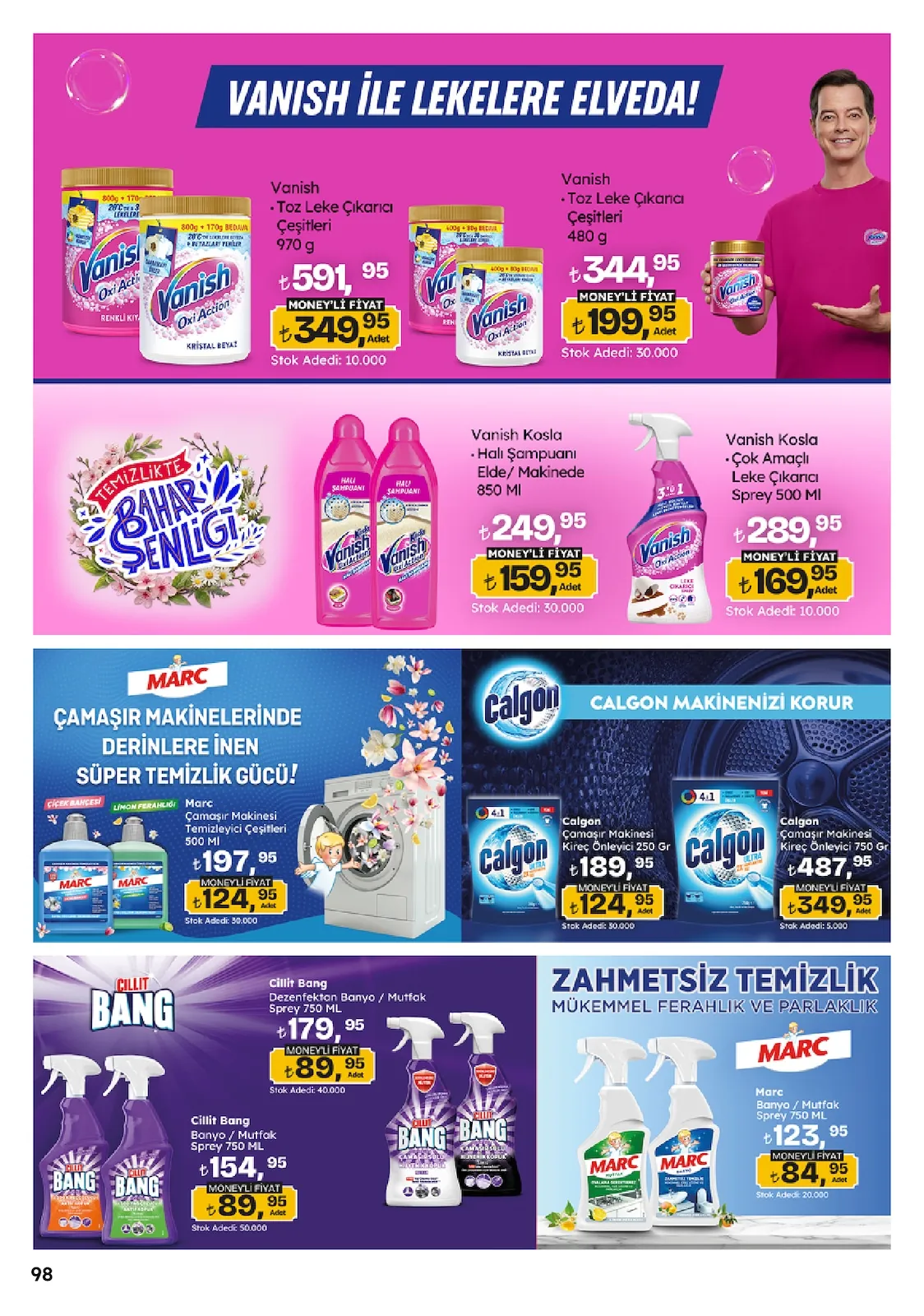 Migros Migros 14 Mayıs 2026 Aktüel Kataloğu sayfa 98: Calgon Çamaşır Makinesi Kireç Önleyici 750 Gr, Cillit Bang Banyo / Mutfak Sprey 750 Ml