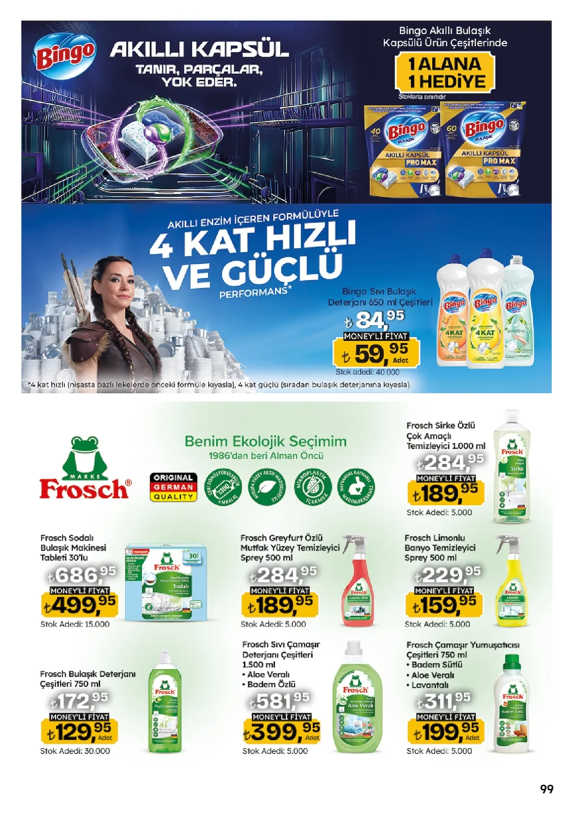 Migros Migros 14 Mayıs 2026 Aktüel Kataloğu sayfa 99: Frosch Limonlu Banyo Temizleyici Sprey 500 Ml, Frosch Greyfurt Özlü Mutfak Yüzey Temizleyici Sprey 500 Ml
