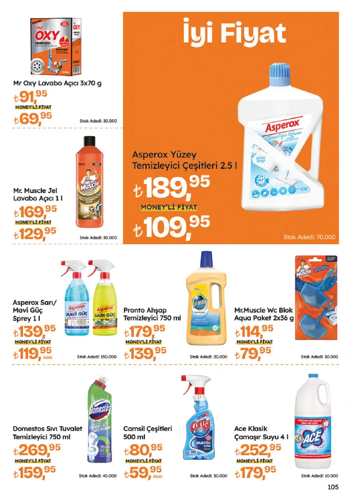 Migros Migros 4 Haziran 2026 Aktüel Kataloğu sayfa 105: Asperox Yüzey Temizleyici Çeşitleri 2.5 L, Mr.Muscle Wc Blok Aqua Paket 2X36 G