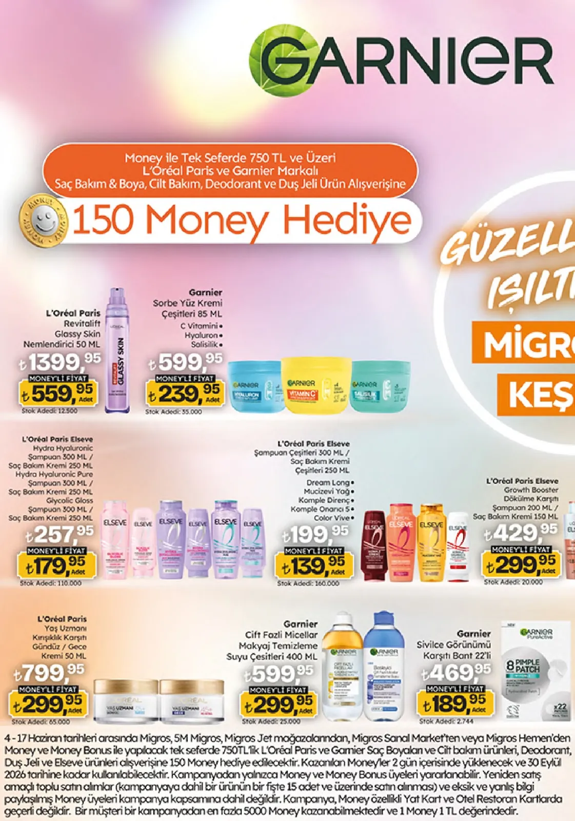 Migros Migros 4 Haziran 2026 Aktüel Kataloğu sayfa 12: L'Oréal Paris Revitalift Glassy Skin Nemlendirici 50 Ml, Garnier Sivilce Görünümü Karşıtı Bant 22'Li