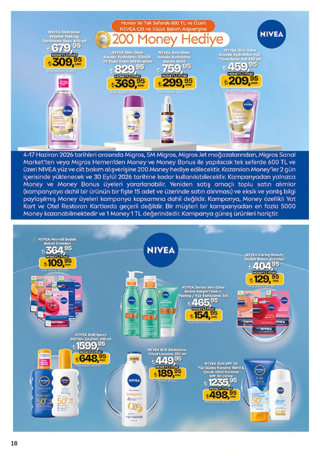 Migros Migros 4 Haziran 2026 Aktüel Kataloğu sayfa 18: Nivea Meyveli Dudak Bakım Kremleri, Nivea Derma Skin Clear Sivilce Karşıtı Tonik / Peeling / Yüz Temizleme Jeli