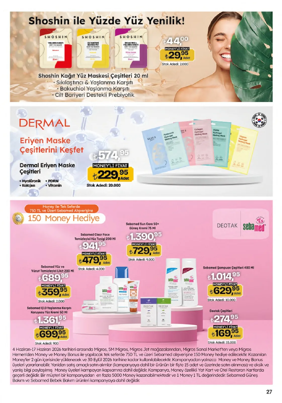 Migros Migros 4 Haziran 2026 Aktüel Kataloğu sayfa 27: Sebamed Q10 Yaşlanma Karşıtı Koruyucu Yüz Kremi 50 Ml, Shoshin Kağıt Yüz Maskesi Çeşitleri 20 Ml