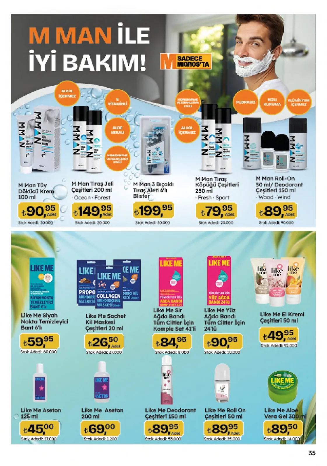 Migros Migros 4 Haziran 2026 Aktüel Kataloğu sayfa 35: Like Me Sachet Kil Maskesi Çeşitleri 20 Ml, Like Me Aseton 200 Ml