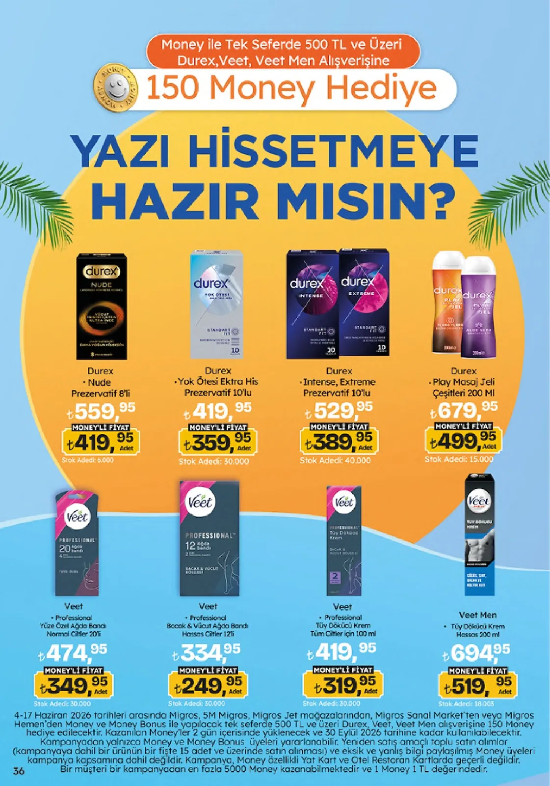 Migros Migros 4 Haziran 2026 Aktüel Kataloğu sayfa 36: Durex Yok Ötesi Ekstra His Prezervatif 10'Lu, Veet Professional Tüy Dökücü Krem Tüm Ciltler İçin 100 Ml