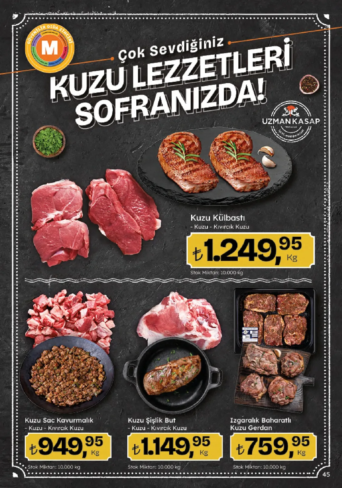 Migros Migros 4 Haziran 2026 Aktüel Kataloğu sayfa 45: Kuzu Külbastı - Kuzu Kıvırcık Kuzu 1 Kg, Kuzu Şişlik But - Kuzu Kıvırcık Kuzu 1 Kg